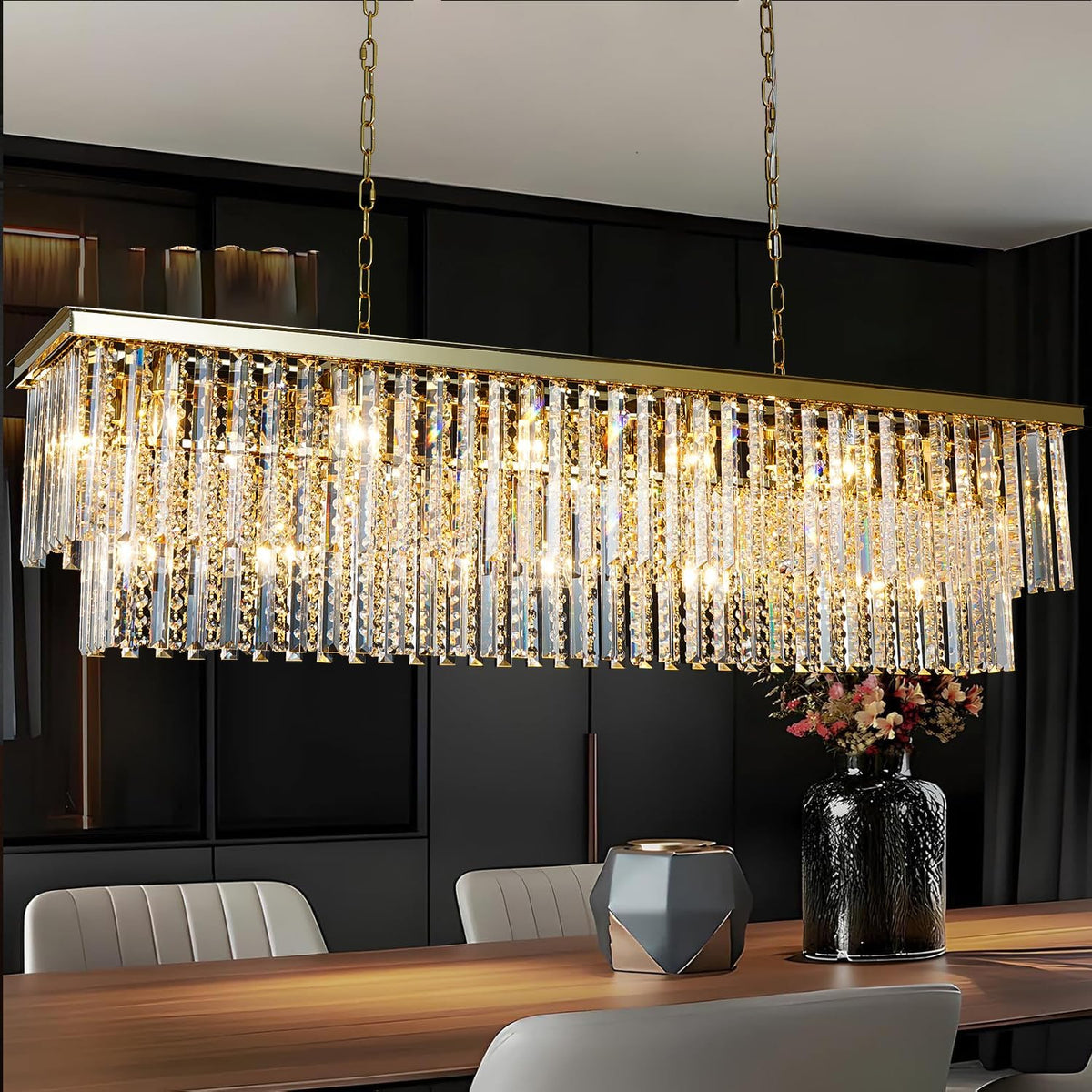 Luxury 55" Rectangule Gold Crystal Chandelier, Large Dining Room Chandelier