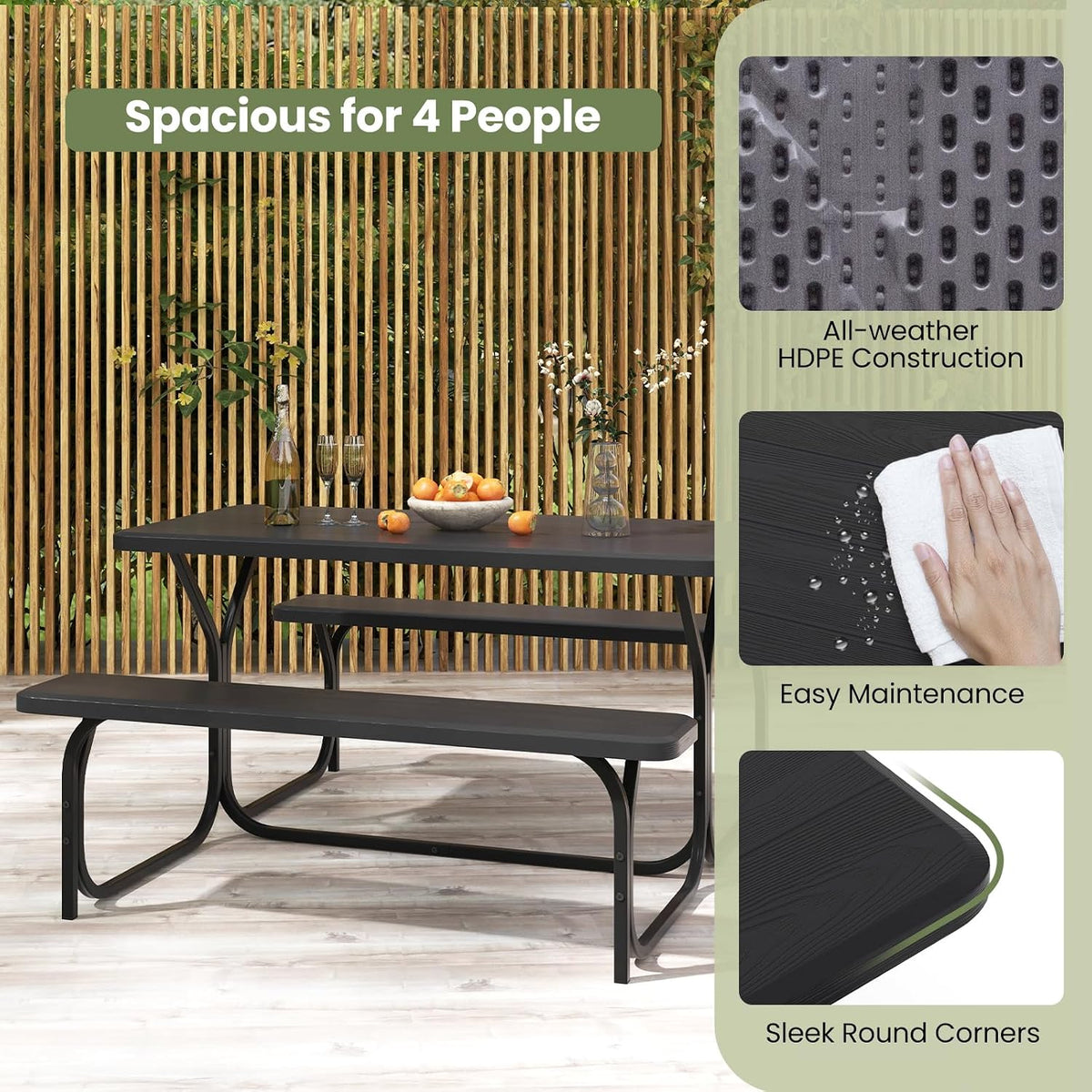 S AFSTAR Picnic Table, 59” Plastic Picnic Table with Benches, Steel Frame & Wood-Like Texture Tabletop, Expanded Rectangular Camping Table Chair Set for Garden Patio Lawn Deck (Black)