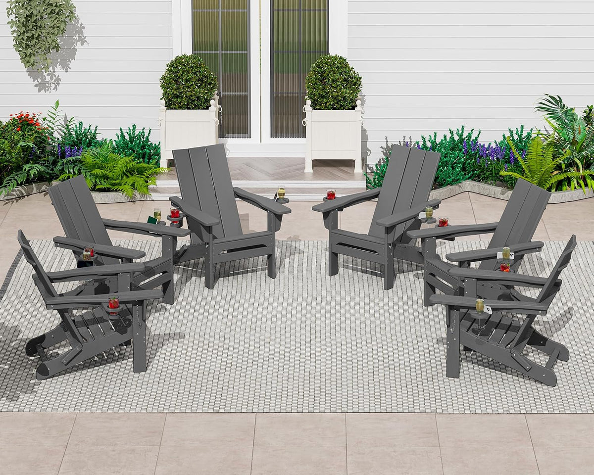 SERWALL HDPE Modern Folding Adirondack Chair with Dual Cup Holder, Gray