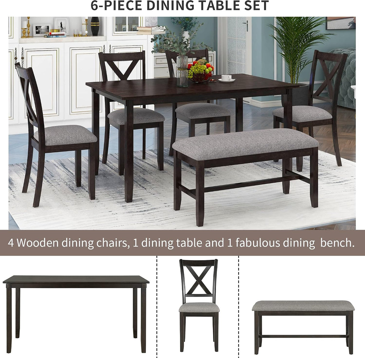 Merax 6 Piece Rustic Farmhouse Dining Table Set with Bench, Solid Wood Rectangular Kitchen Table Set with 4 Upholstered Chairs for Dining Room & Kitchen - Espresso+Gray