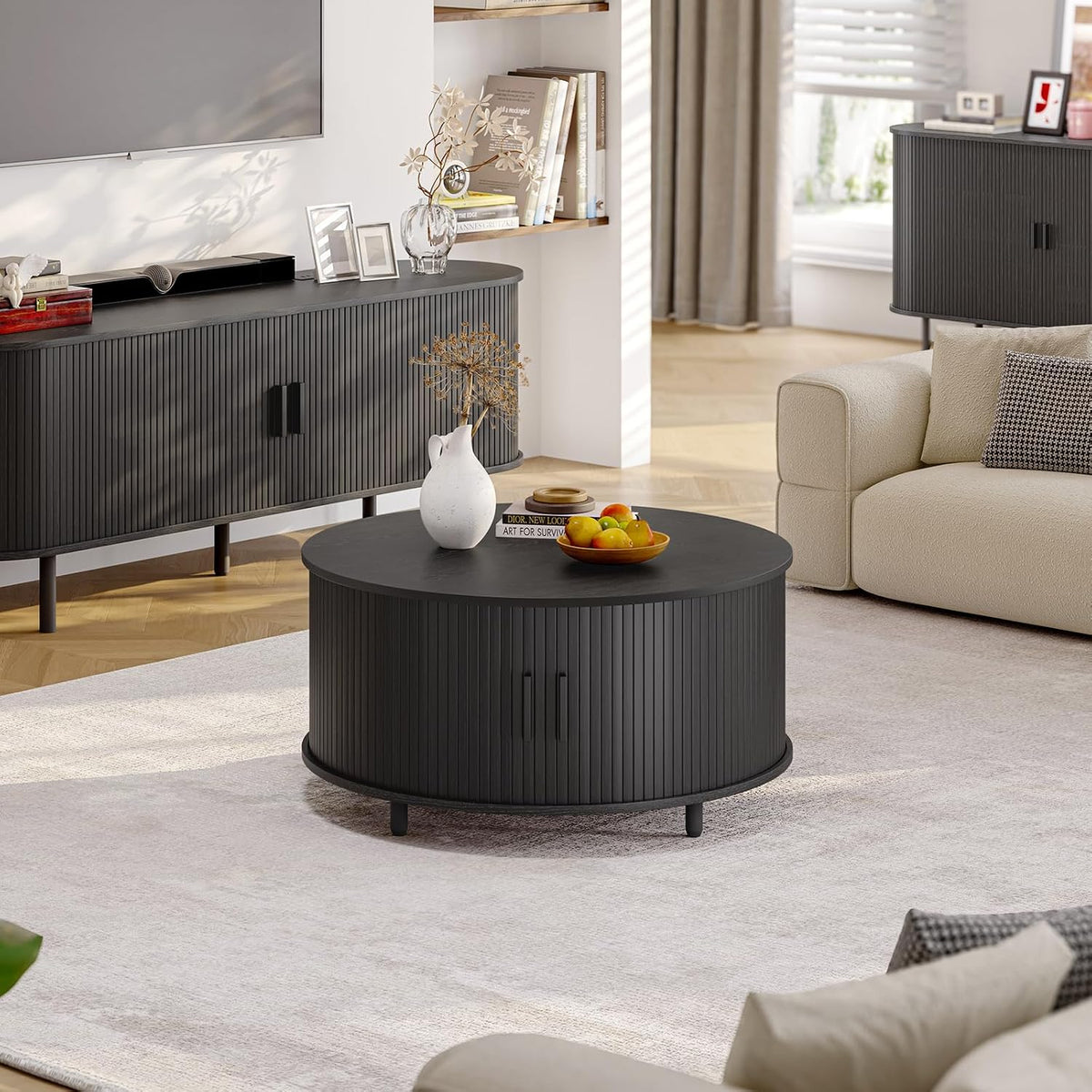 ONBRILL 31.5" Round Coffee Table with Storage Adjustable Footpads, Black