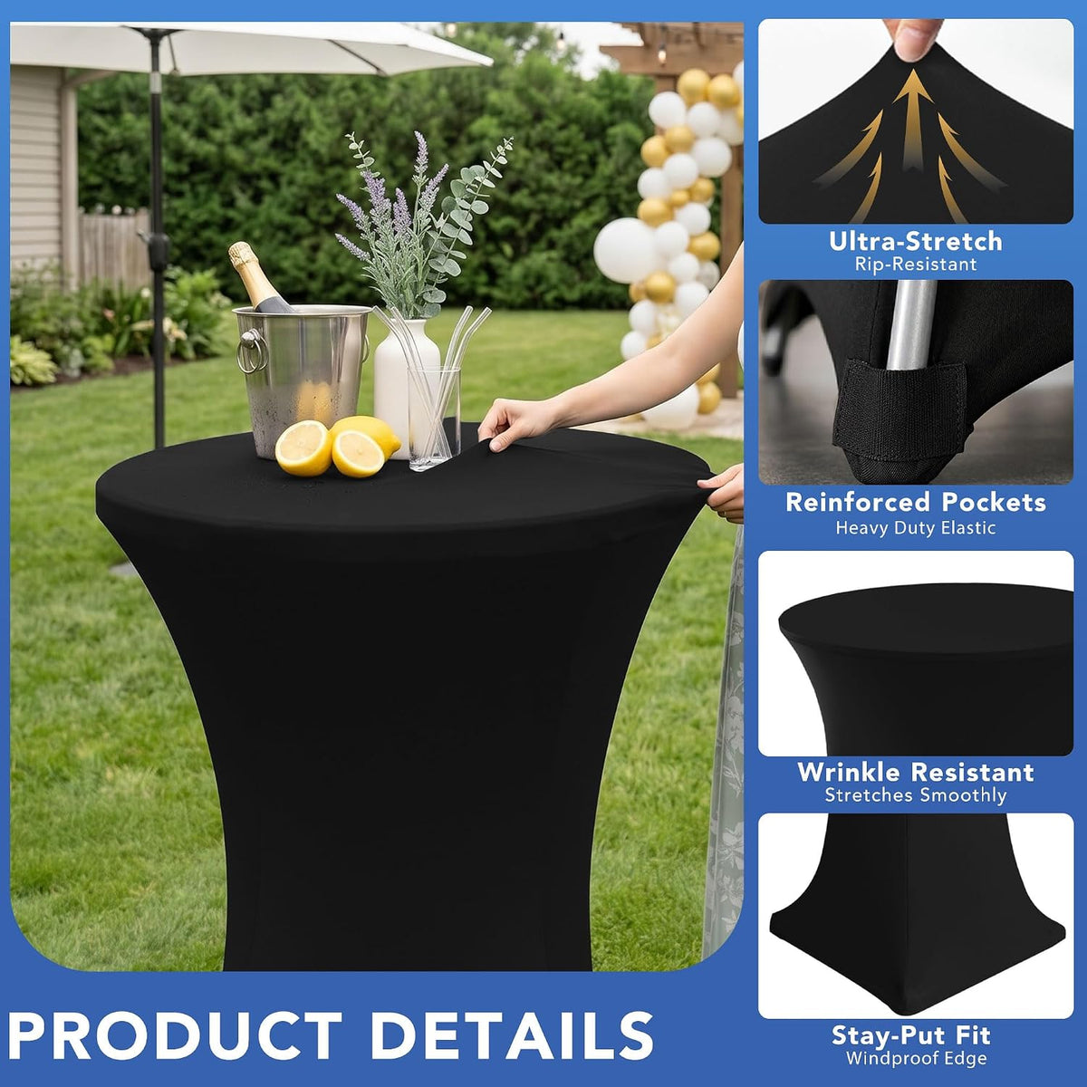 cocktail table covers-black spandex round high top table shown in use