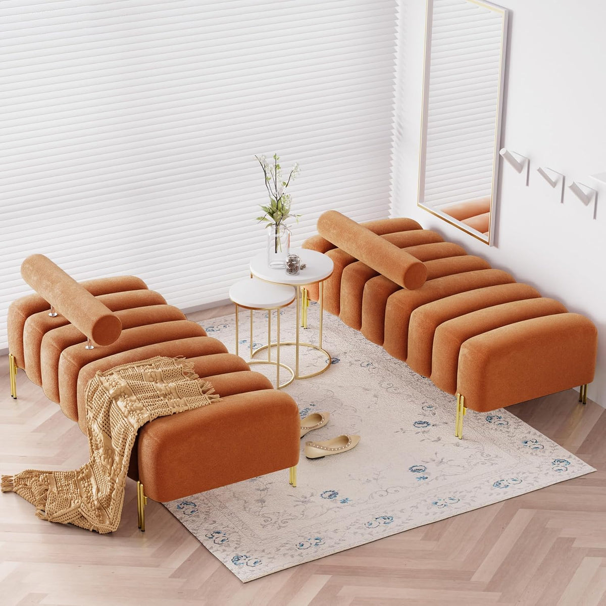 52.2" Velvet Upholstered Bench Ottoman with Adjustable Backrest, Orange