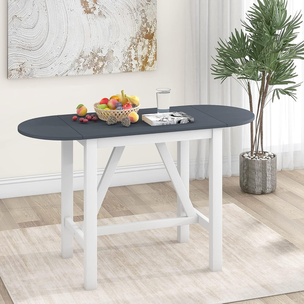 Farmhouse 3-Piece Counter Height Dining Table Set, Half-Round Drop Leaf Dining Table with 2 Upholstered Dining Chairs, Heavy Solid Wood Breakfast Kitchen Dining Room Set for Small Space (White-3PCS)