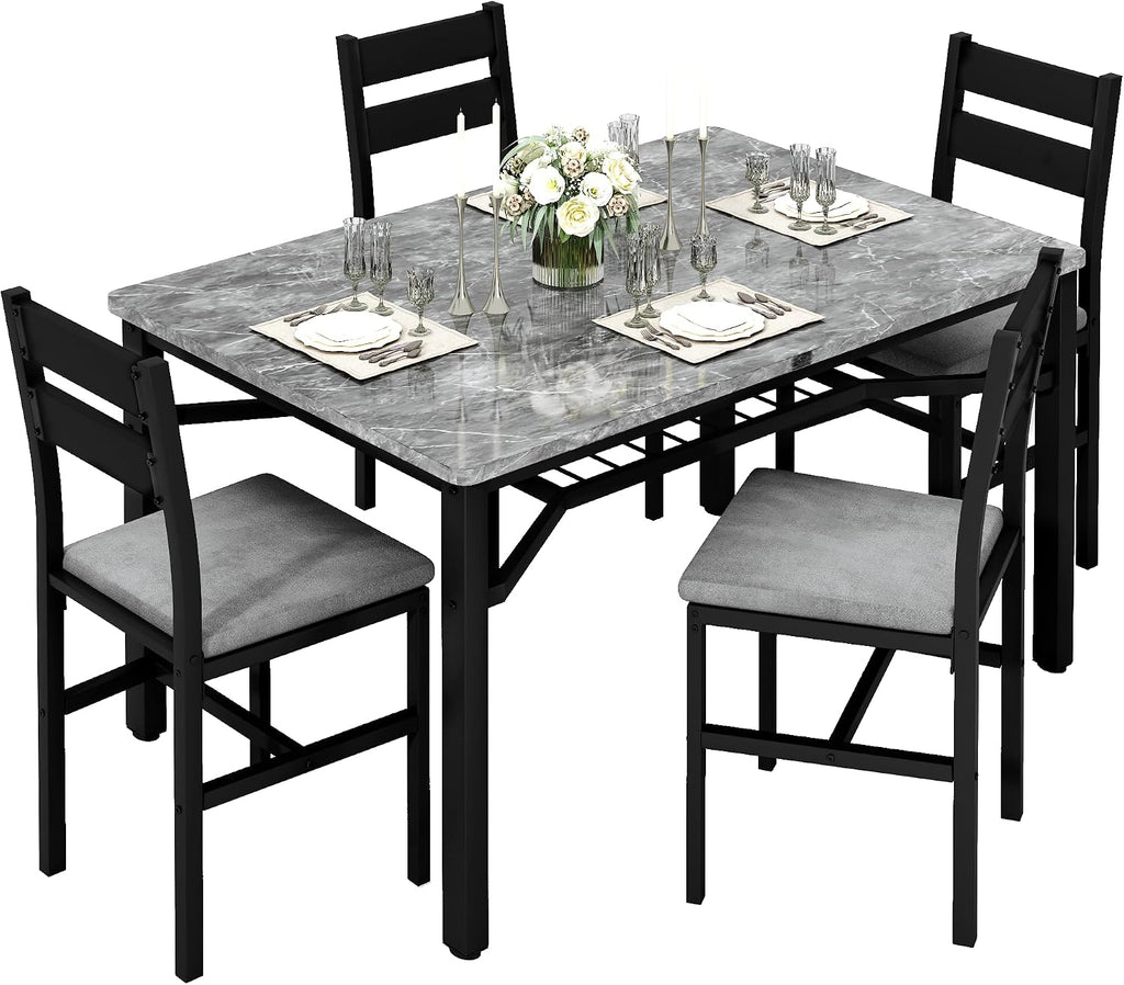 Hooseng 5 Piece Dining Table Set for 4, Modern Kitchen Table with Storage Rack and 4 Upholstered Chairs, Faux Marble Dining Room Table Set for Apartment, Small Spaces (Gray)