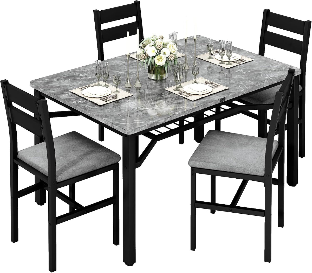 Hooseng 5 Piece Dining Table Set for 4, Modern Kitchen Table with Storage Rack and 4 Upholstered Chairs, Faux Marble Dining Room Table Set for Apartment, Small Spaces (Gray)