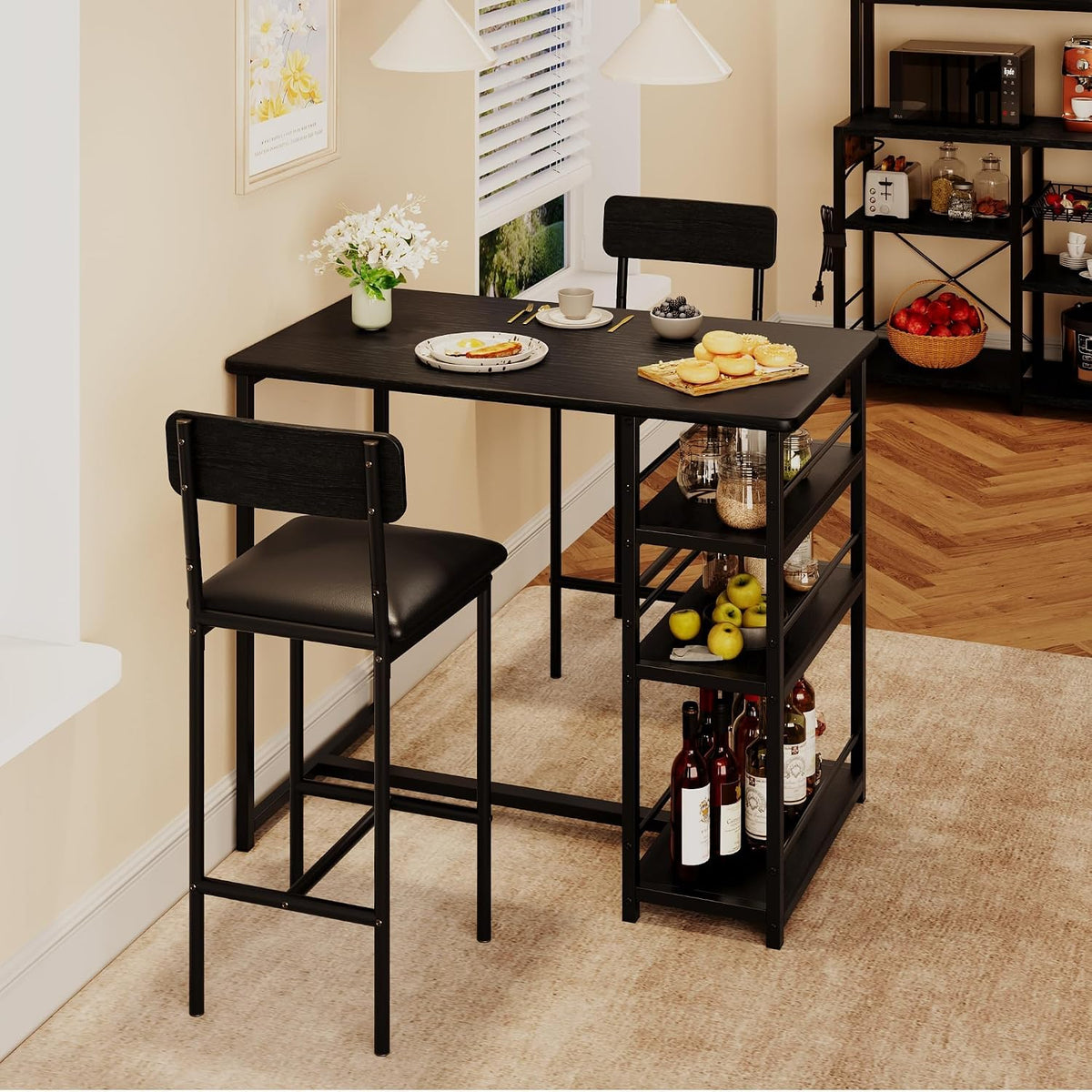 Bar Table and Chair Set with 3 Shelves, 2 Upholstered Stools, Black