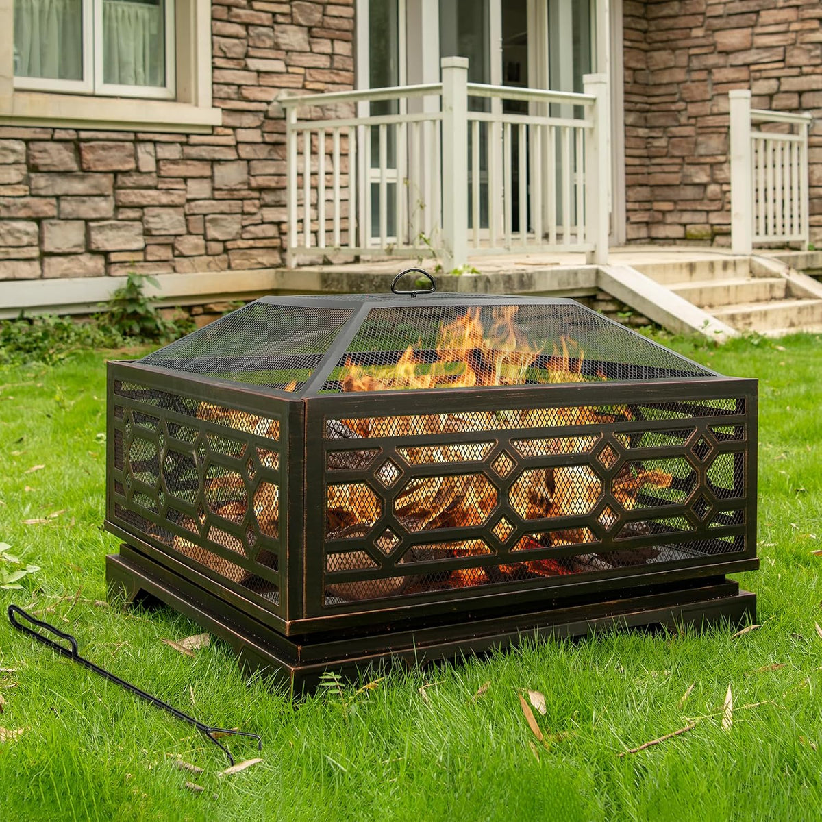 32 Inch Outdoor Fire Pit, Wood Burning Outside Fireplace with Mesh Cover