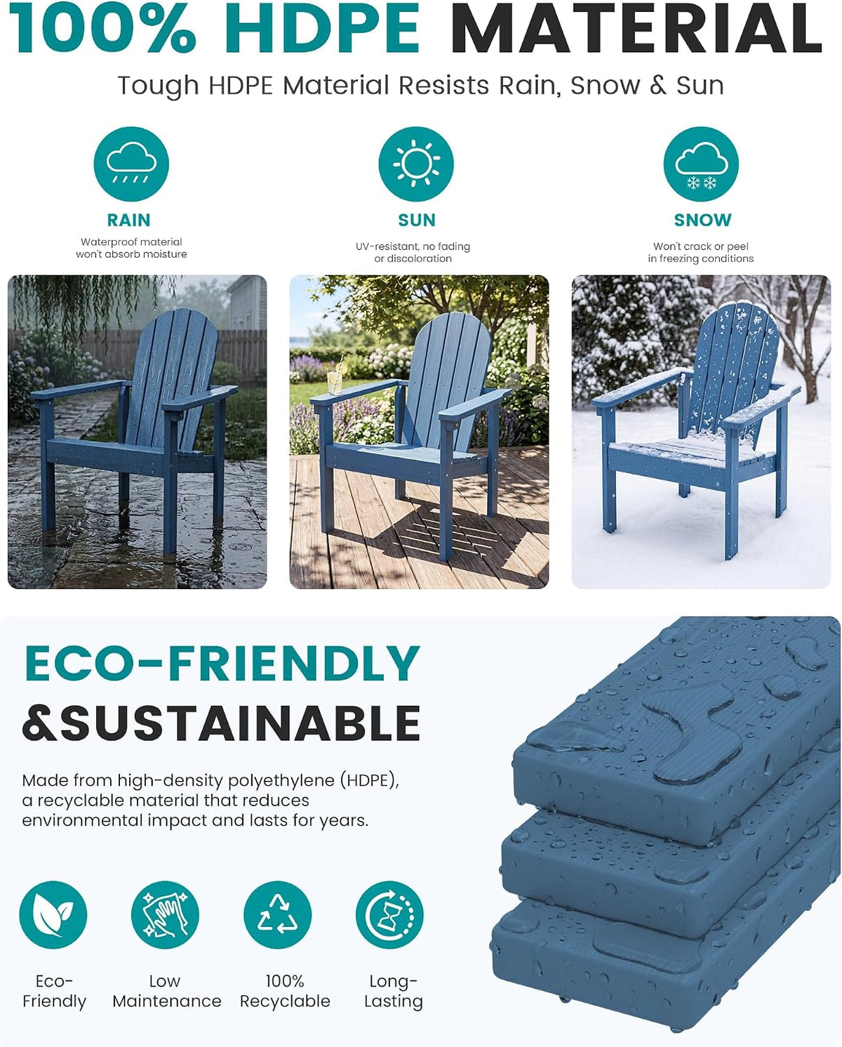 SERWALL HDPE Stackable Adirondack Chairs Set of 2,Space-Saving, Blue