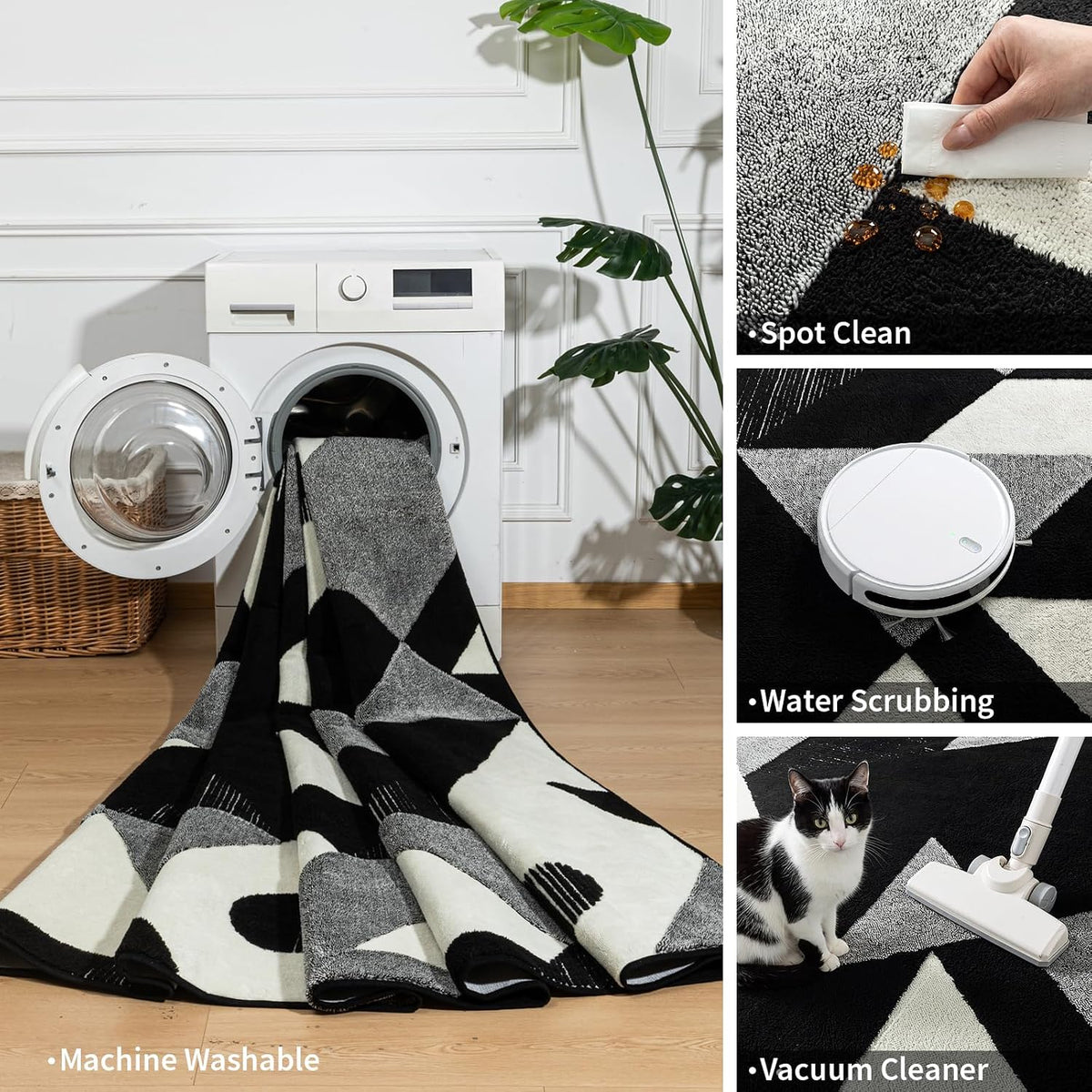 YIHOUSE 8x10 Black and White Modern Geometric Patchwork Washable Area Rug