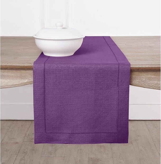 Solino Home Linen Purple Table Runner 72 Inches Long - 100% Pure Linen Hemstitch Table Runner 14 x 72 Inch for Dresser, Dining, Fall, Autumn, Halloween, Thanksgiving, Holiday - Classic Hemstitch