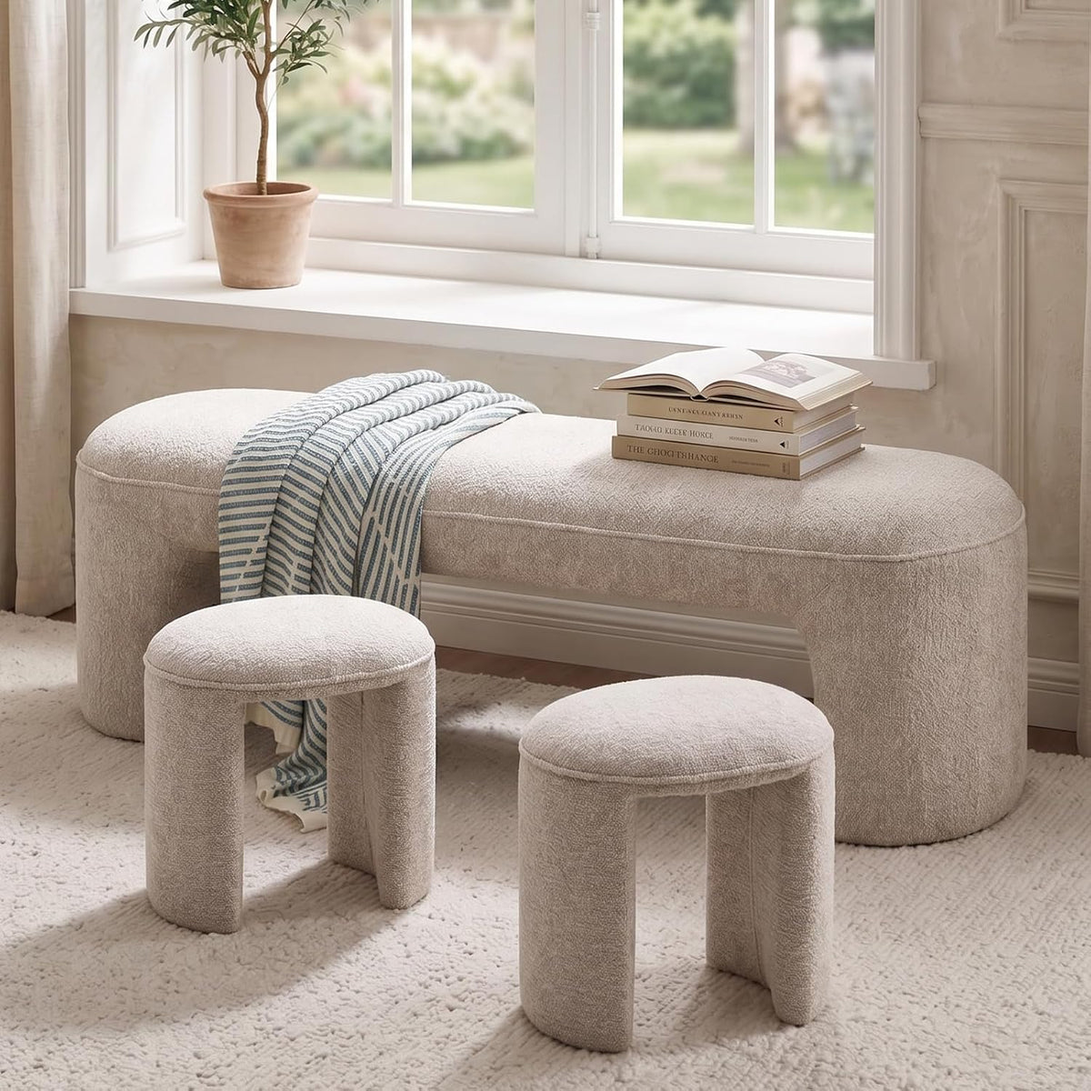 53" Chenille Ottoman Bench with 2 Nesting Ottomans, Oatmeal