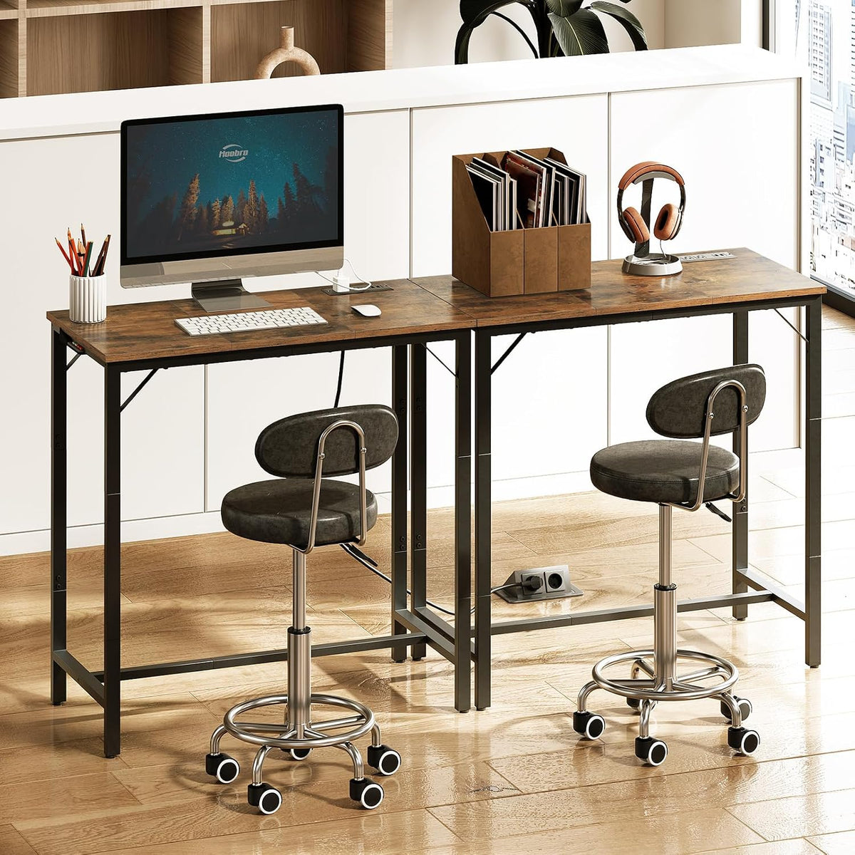 HOOBRO Bar Table with Charging Station, Rectangular Pub Table, High Top Coffee Table, Counter Bar Height Table, Narrow Long Dining Table, 35.4" L x 15.7" W x 35.6" H, Rustic Brown and Black BF90UBT01