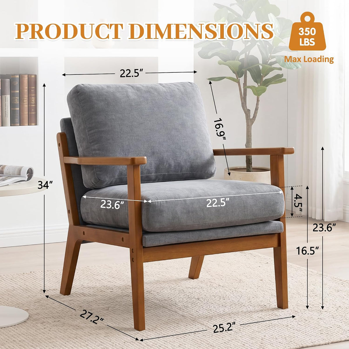 Mid-Century Modern Chenille Armchair, Walnut Frame Comfy Accent Chair, Grey