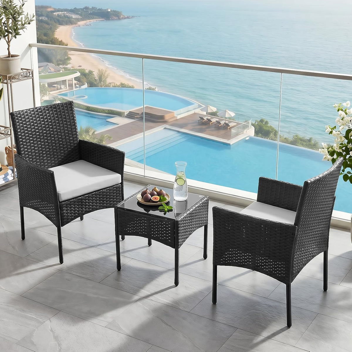 Sweetcrispy Outdoor Wicker Bistro Set, 3-Piece Patio Furniture, Black