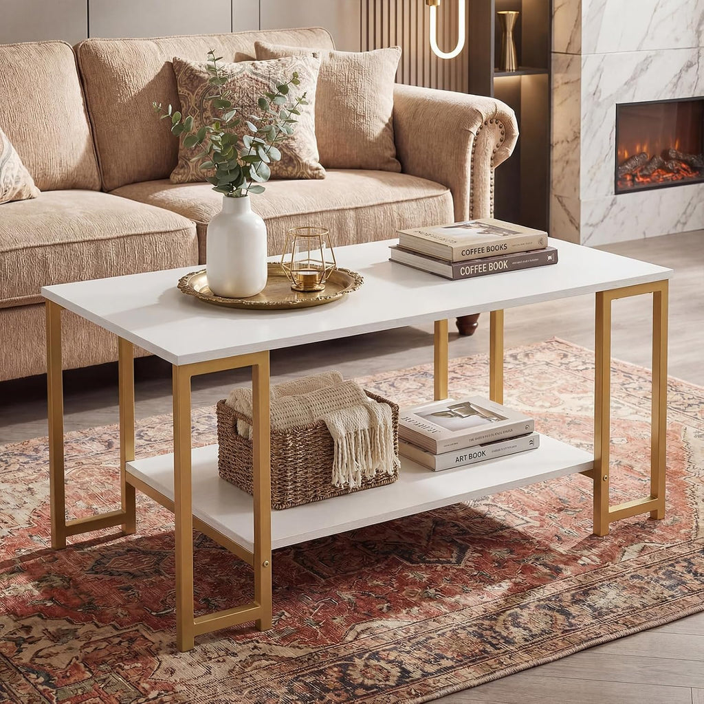GIANTEX 2-Tier Coffee Table with Storage, 39.5" Center Table, Gold & White