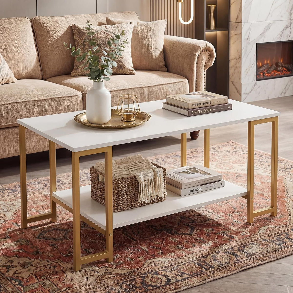GIANTEX 2-Tier Coffee Table with Storage, 39.5" Center Table, Gold & White