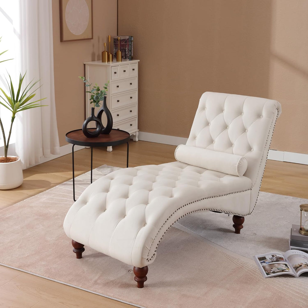 Button-Tufted Chaise Lounge Indoor, Velvet Chaise Lounge Chair with Legs & Toss Pillow, Armless Rolled Backrest Leisure Sofa Recliner for Living Room Bedroom (Begie)