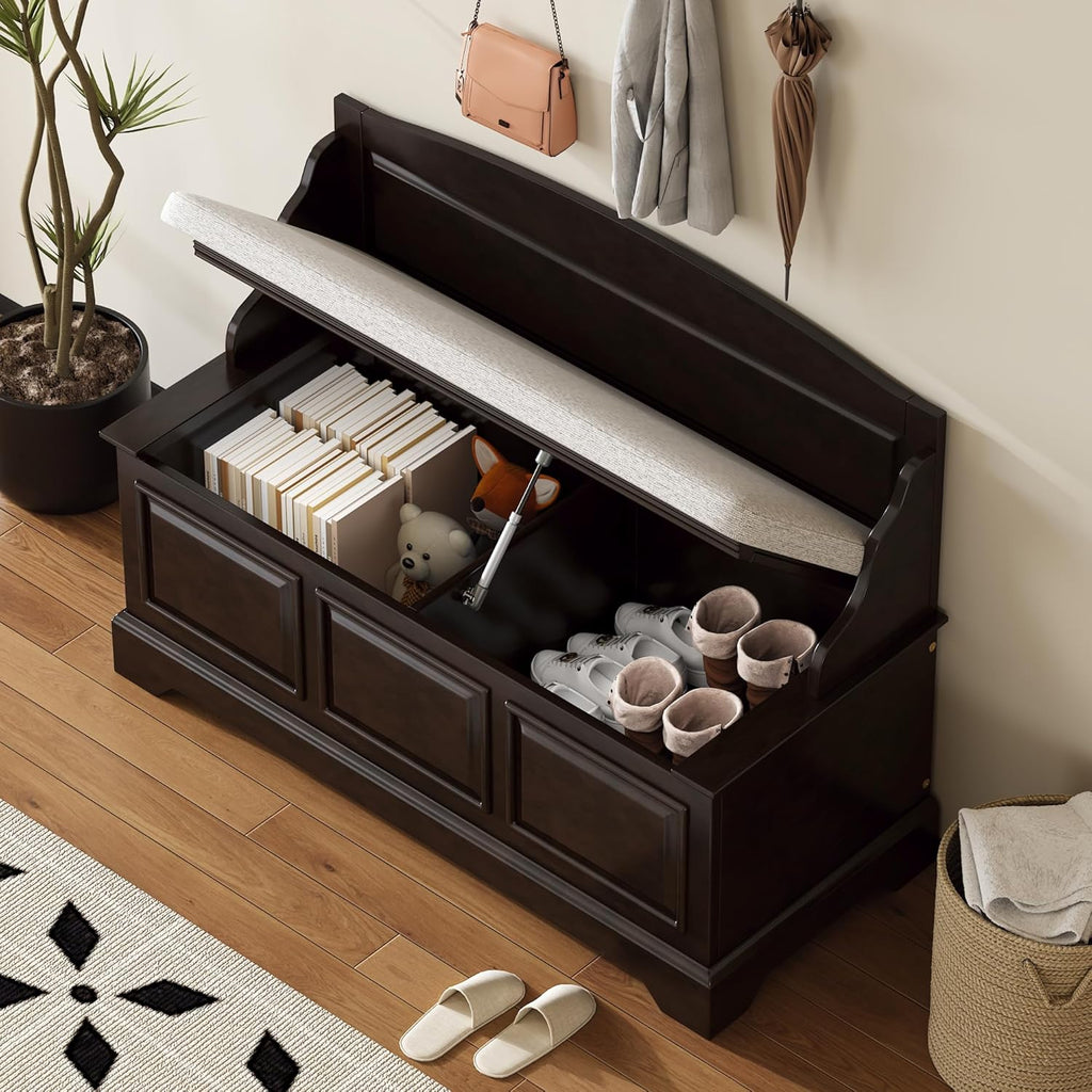 LUMISOL Shoe Storage Bench with Seating, 41.7” Farmhouse Entryway Bench with Cushion and Hidden Storage, Upholstered Storage Ottoman for Living Room, Entryway, Bedroom, Espresso