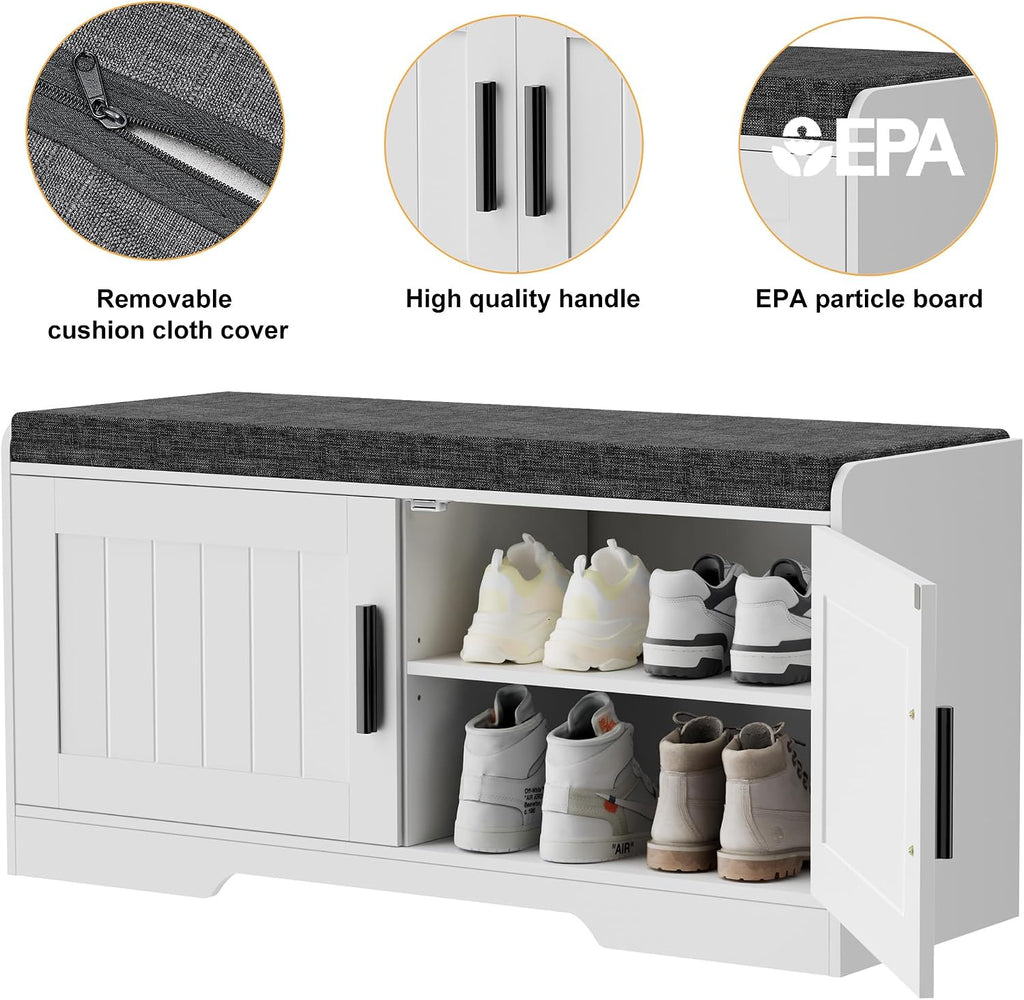 Homleke Shoe Storage Bench, 2 Doors & Thickened Padded Seat Cushion