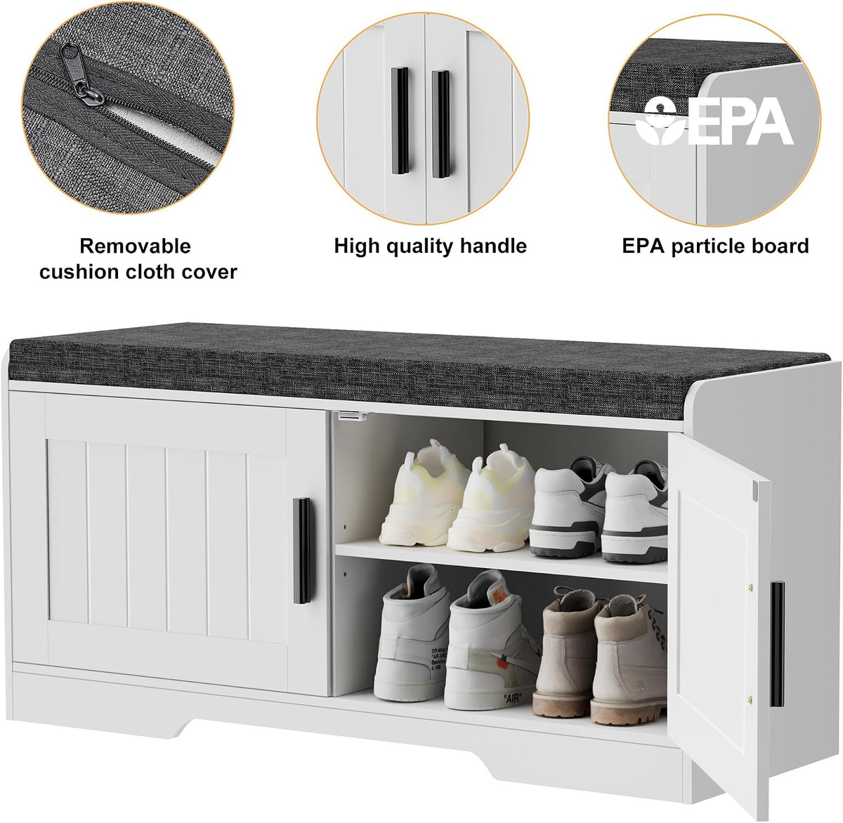 Homleke Shoe Storage Bench, 2 Doors & Thickened Padded Seat Cushion
