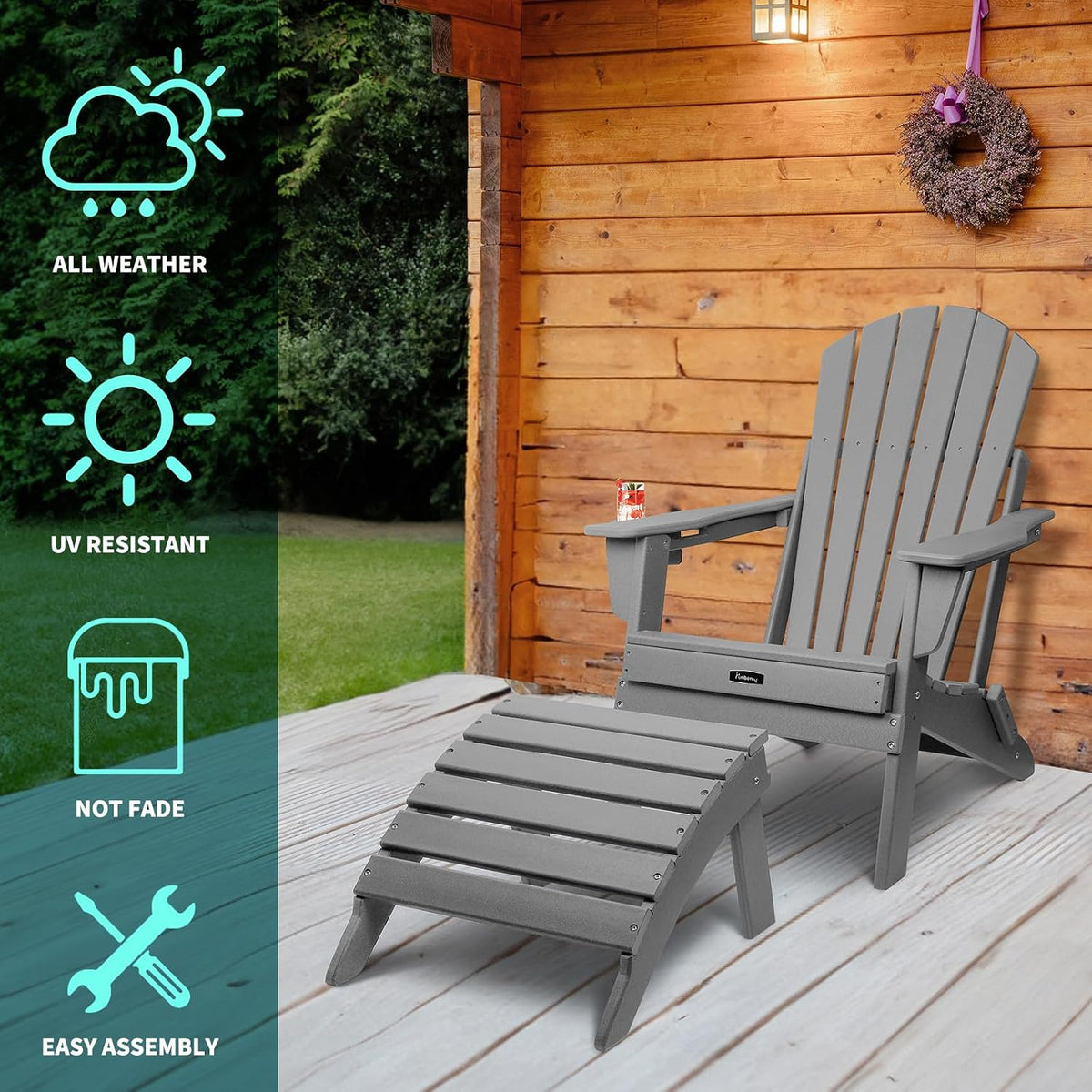 Folding Adirondack Ottoman Set of 2, Outdoor Foot Rest, Patio Footstool