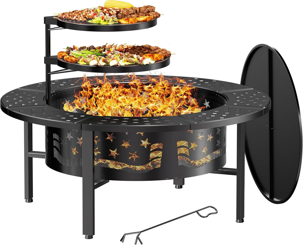 PrimeZone 42" Outdoor Wood Burning Fire Pit with 2 Adjustable Grills