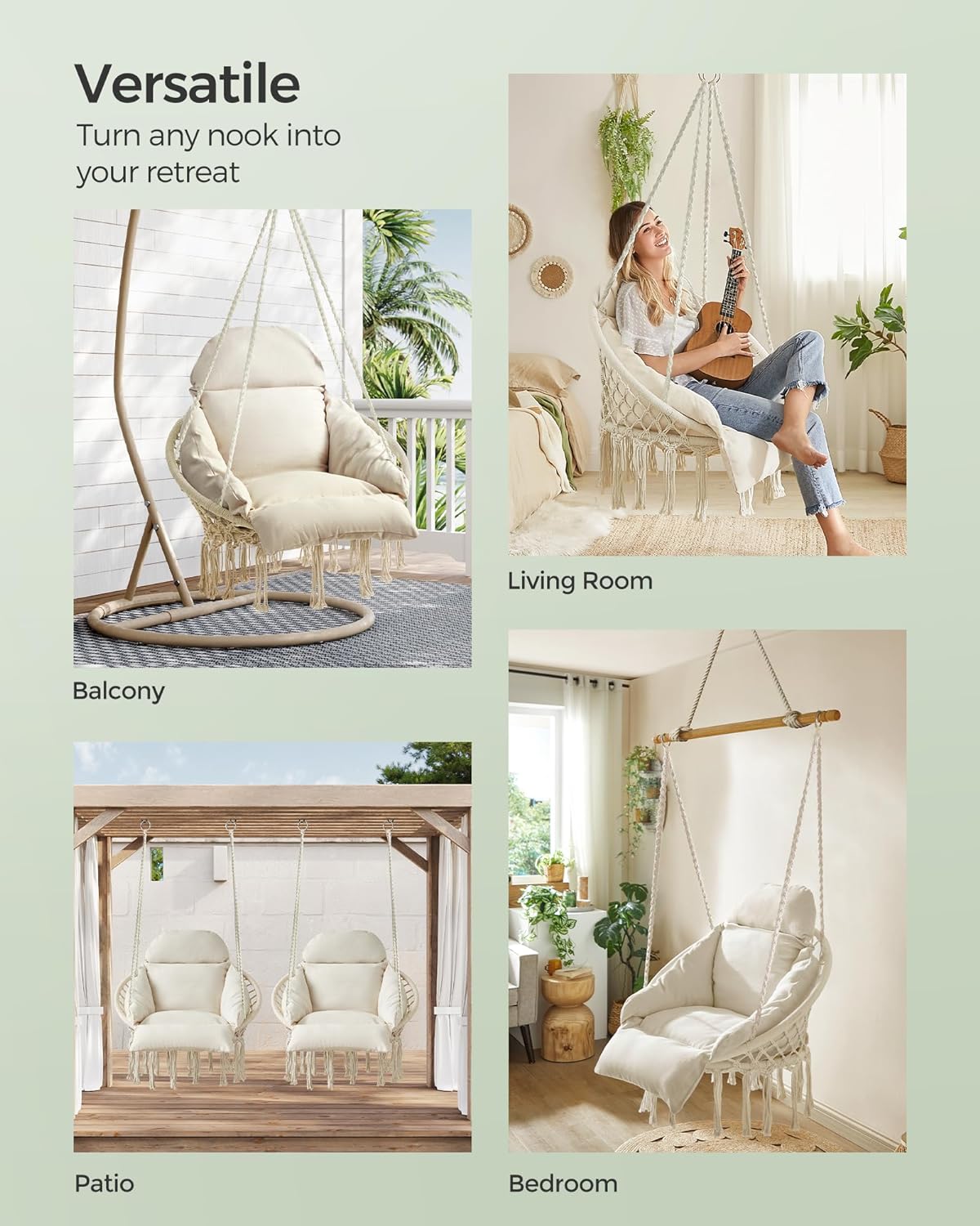 songmics hanging chair, boho swing chair with large showing dimensions
