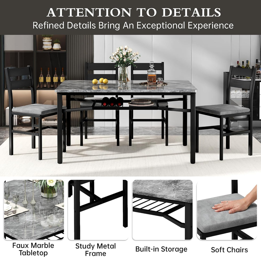 Hooseng 5 Piece Dining Table Set for 4, Modern Kitchen Table with Storage Rack and 4 Upholstered Chairs, Faux Marble Dining Room Table Set for Apartment, Small Spaces (Gray)