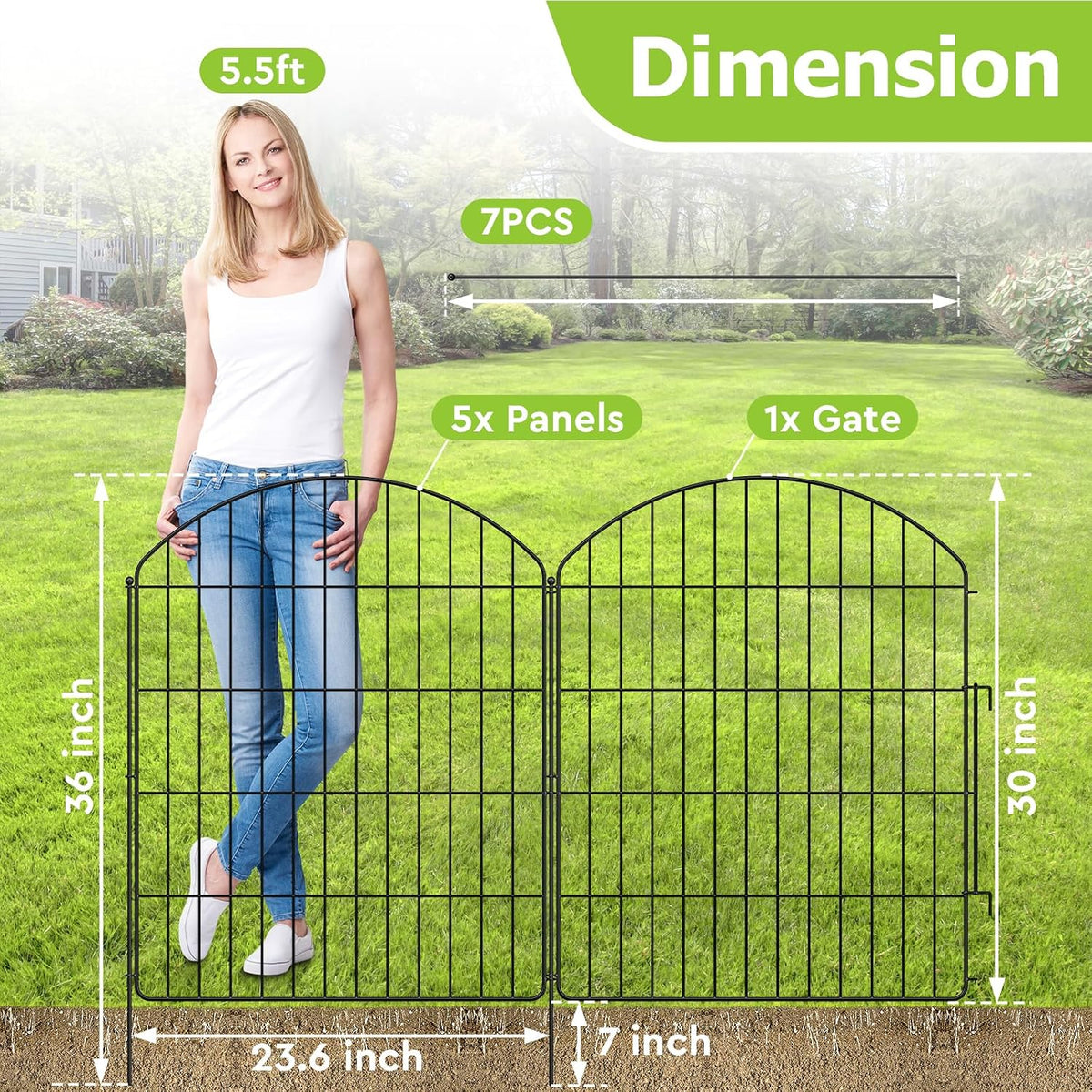 Garden No Dig Fence, 5 Panels + 1 Gate, 29.9in (H) x 11.4ft (L), Metal