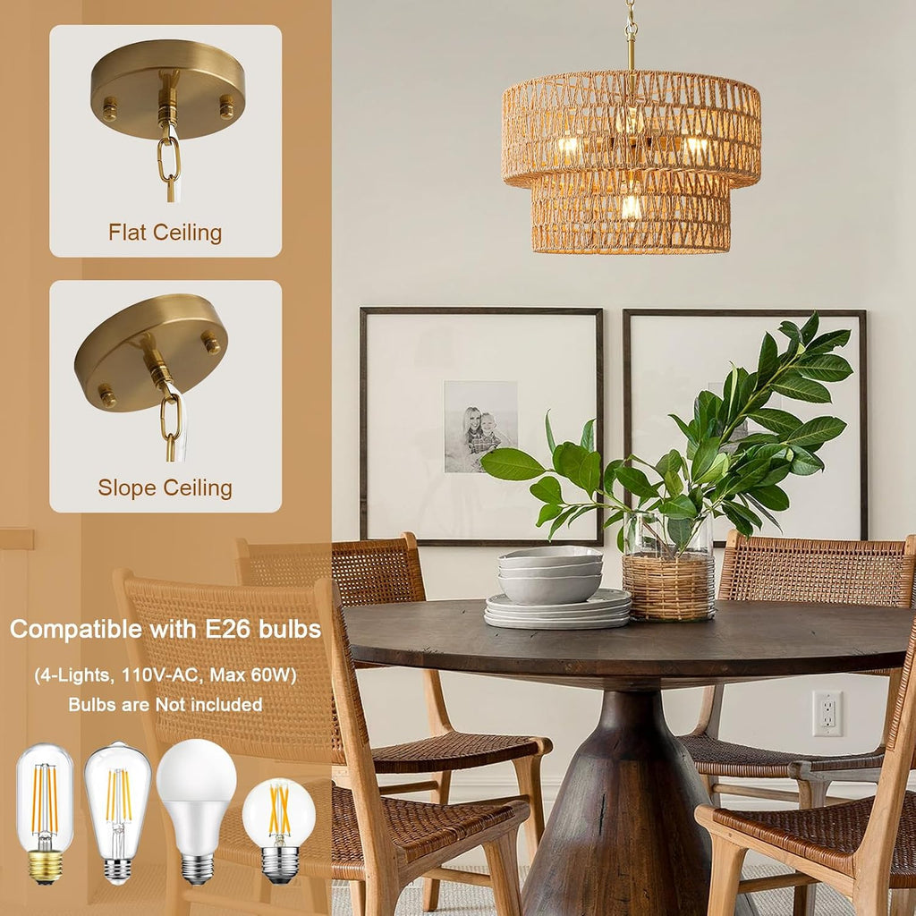 17.8" boho rattan chandelier light fixtures, 4-light rattan, side view