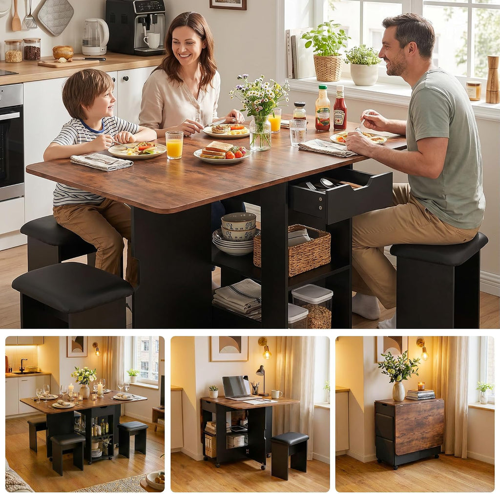 Mondeer 55" Folding Dining Table and Chairs Set 4, Cushioned Stools