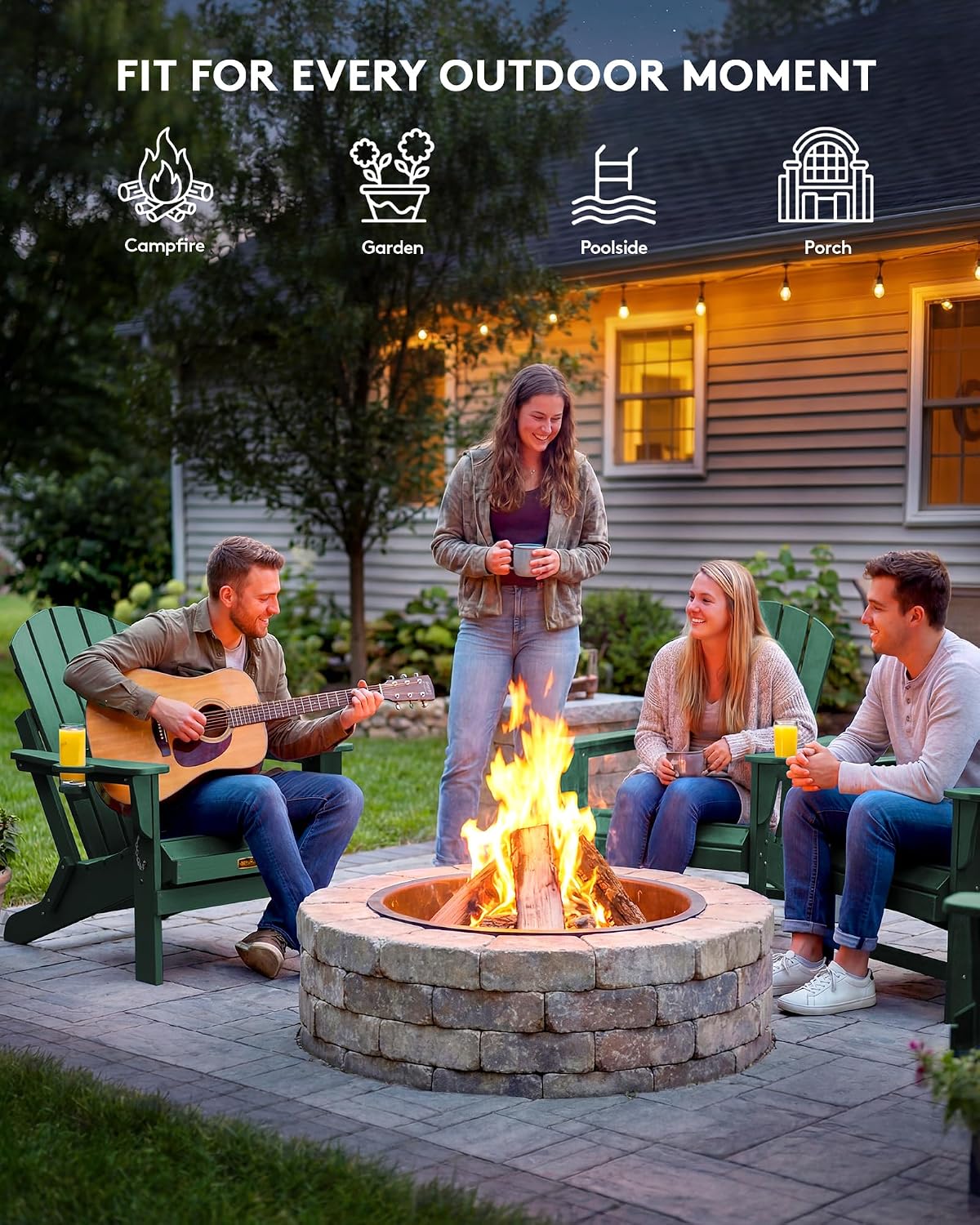SERWALL Folding Adirondack Chairs Set of 4 with Cup Holder, Fire Pit -Green