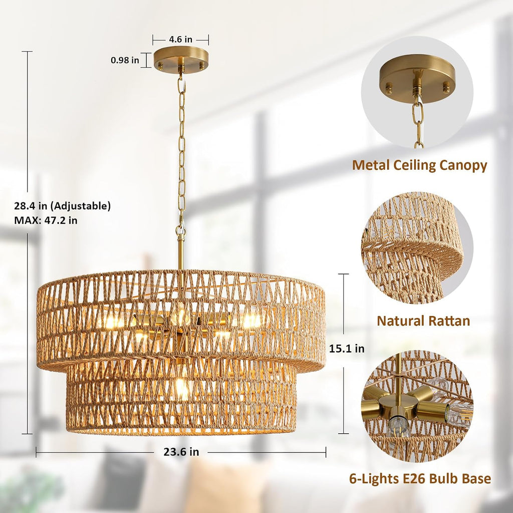 23.6" boho rattan chandelier, 6-light large rattan pendant, close-up detail