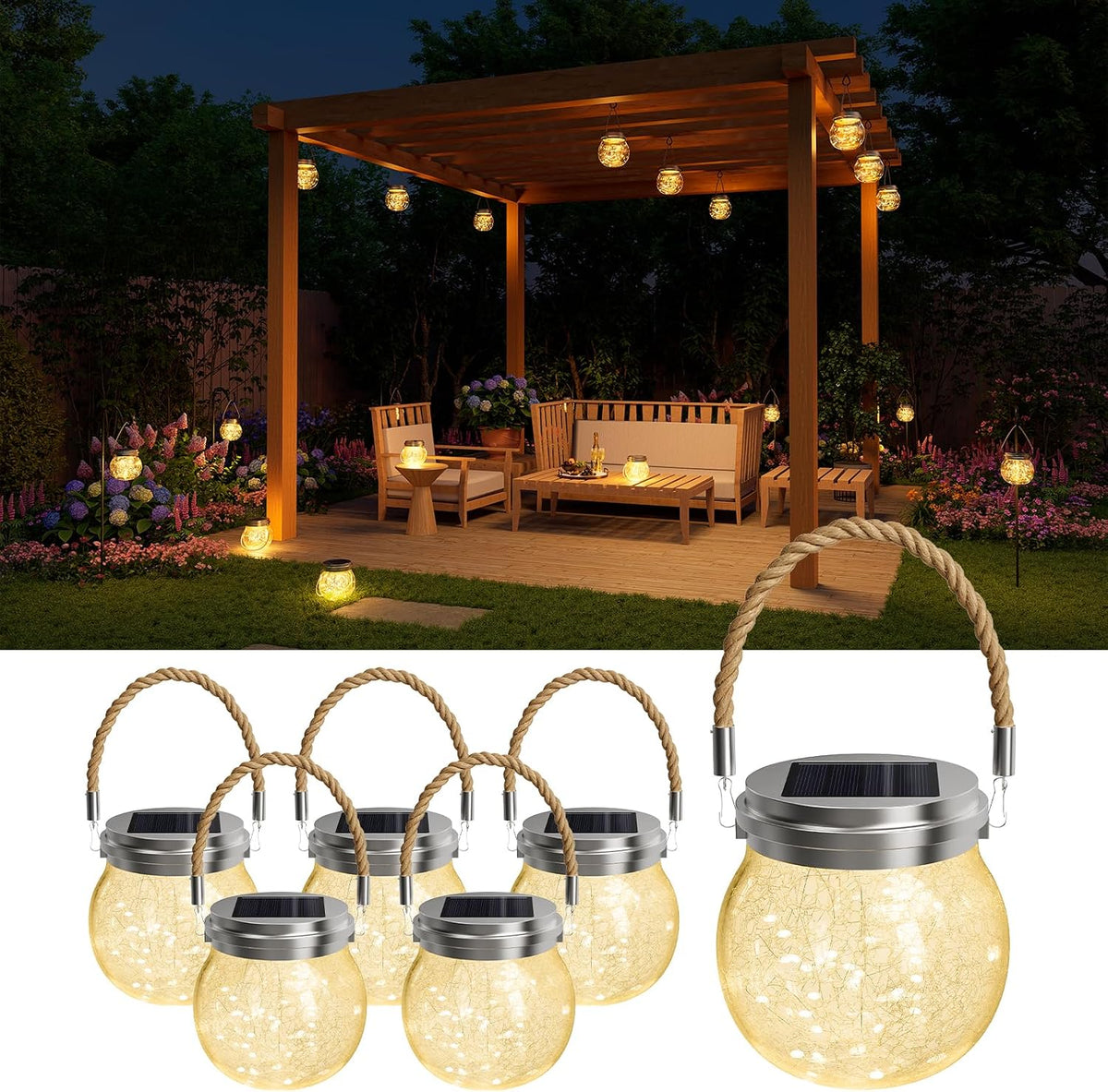 6 Pc Solar Powered Glass Ball Lantern Outdoor Waterproof Hang Round