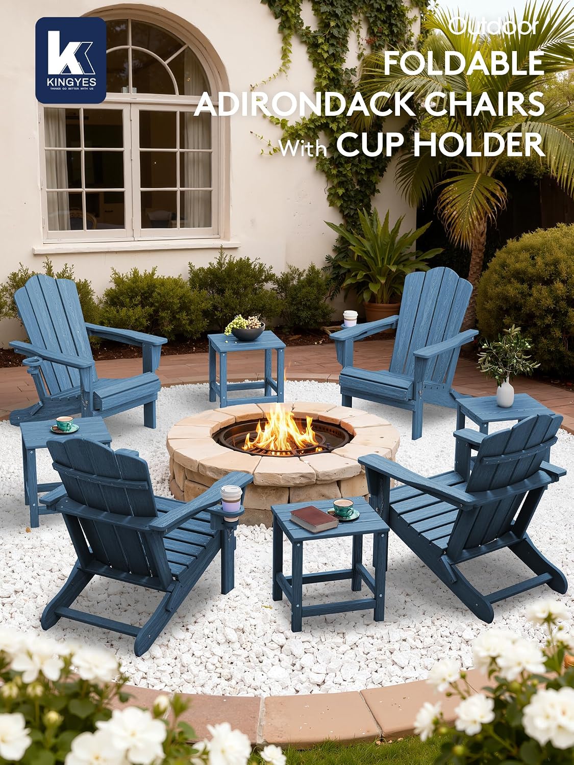 KINGYES Folding Adirondack Chair Set of 6 with Cup Holder, Navy