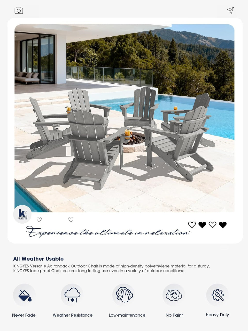 KINGYES Folding Adirondack Chair Set of 6 with Cup Holder, Silver Grey