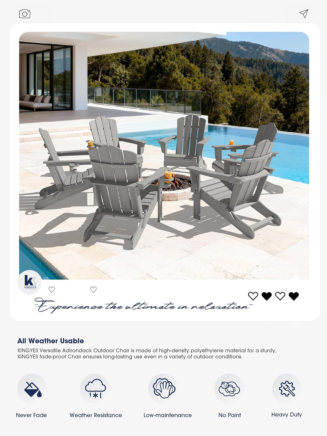 KINGYES Folding Adirondack Chair Set of 6 with Cup Holder, Silver Grey