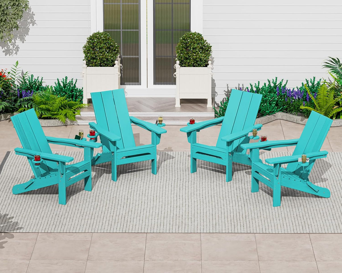 SERWALL Modern Folding Adirondack Chairs Set of 2, HDPE, Cup Holders, Teal