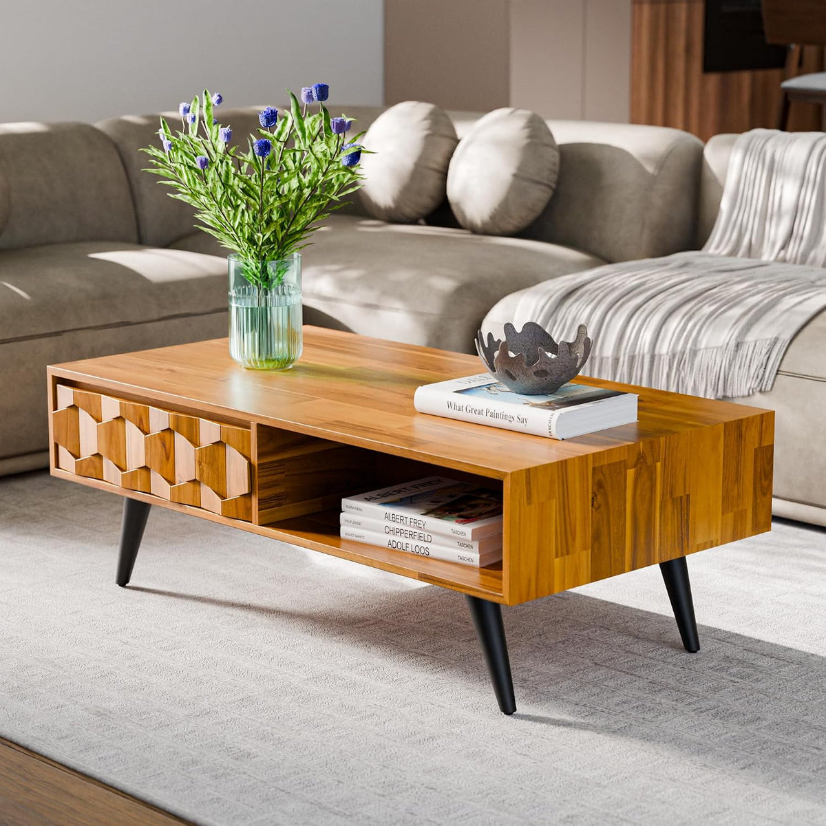 Bme Georgina Solid Wood Coffee Table, 2 Drawers & Open Shelves, Teak Brown
