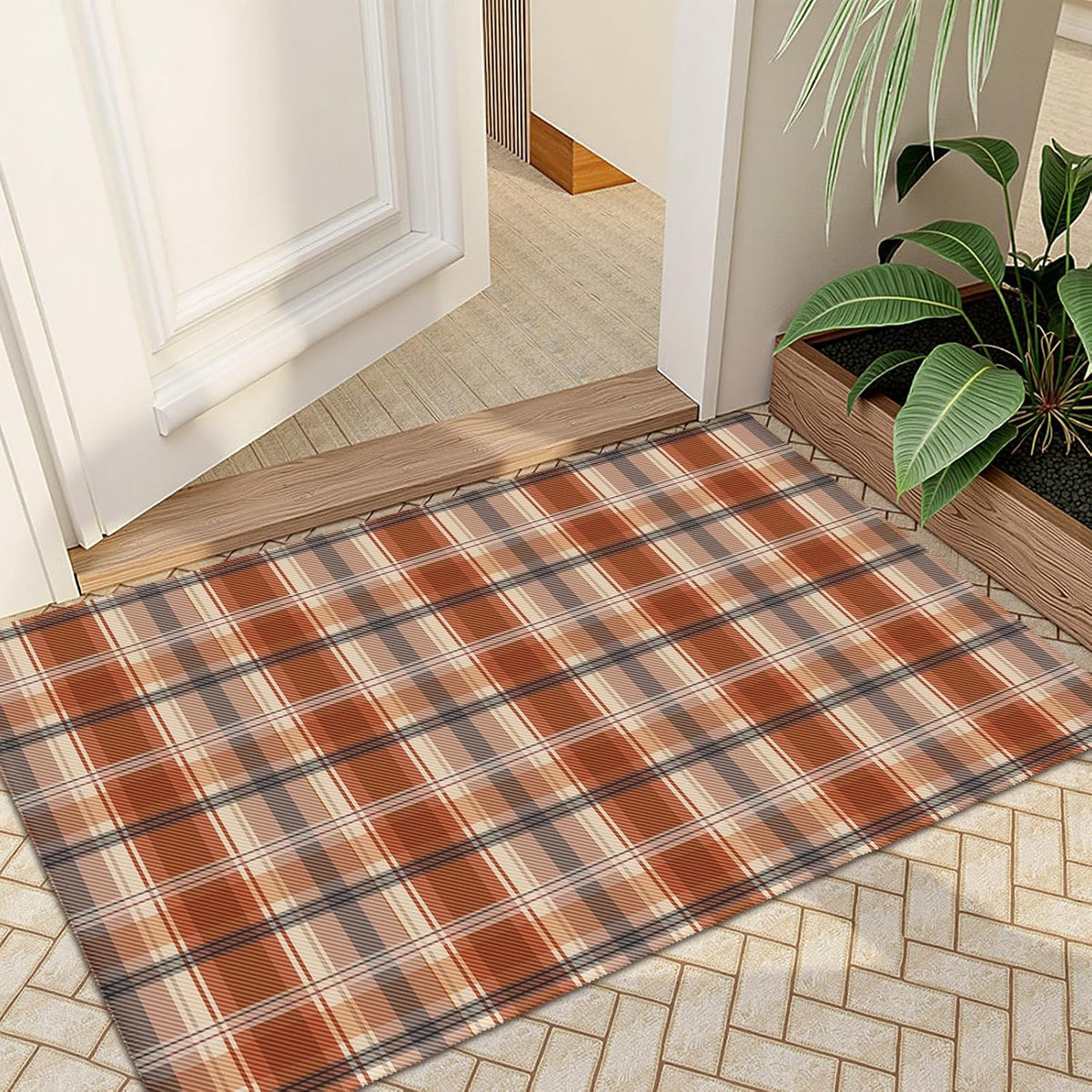 Fall Plaid Doormat Autumn Burnt Orange Buffalo Check Area Rugs 2x3 Farmhouse Thanksgiving Holiday Decorative Front Door Mat Washable Small Rugs for Entryway Bedroom Bathroom Laundry