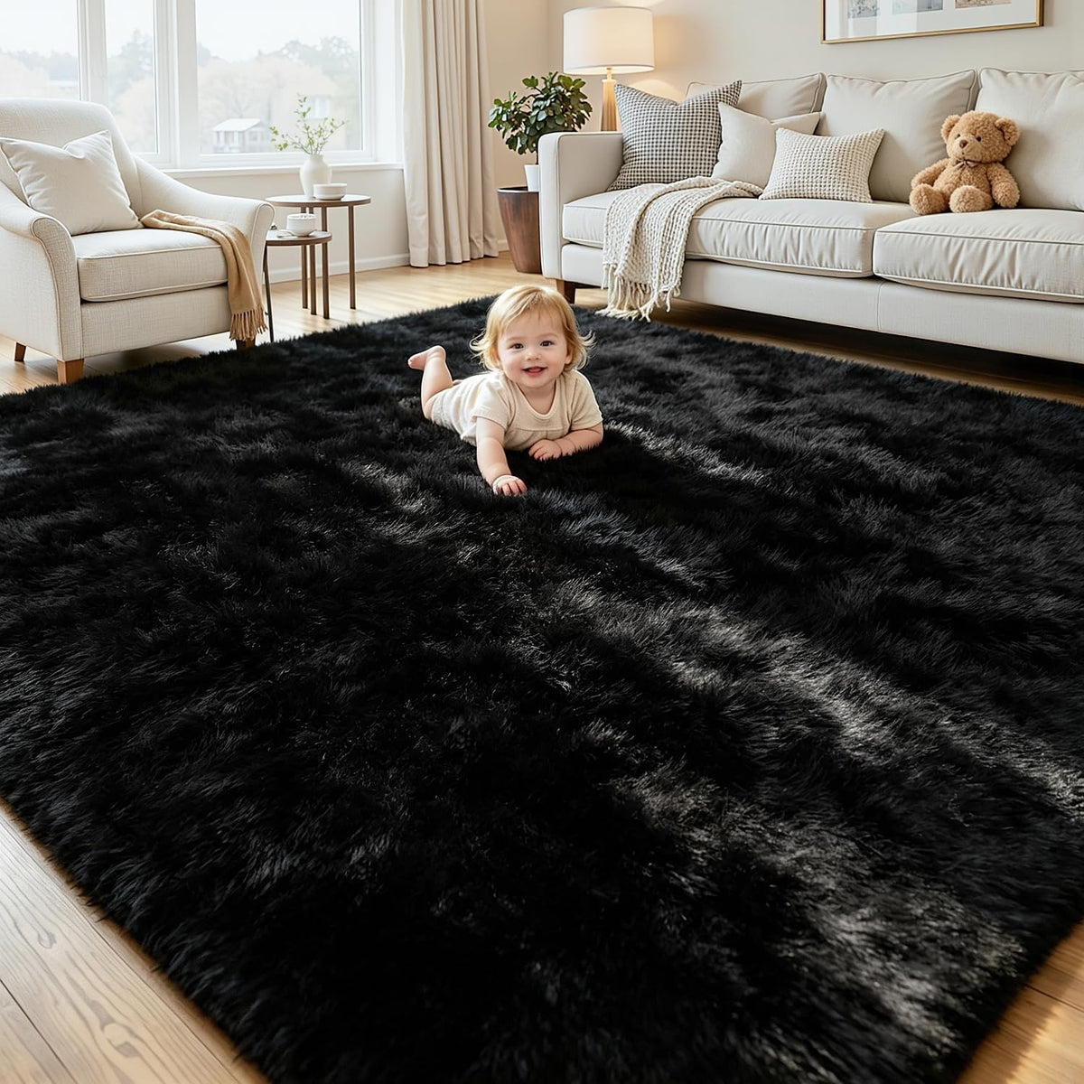 8x10 Black Area Rug for Bedroom, Living Room, Soft Fluffy Fuzzy Shag Rug
