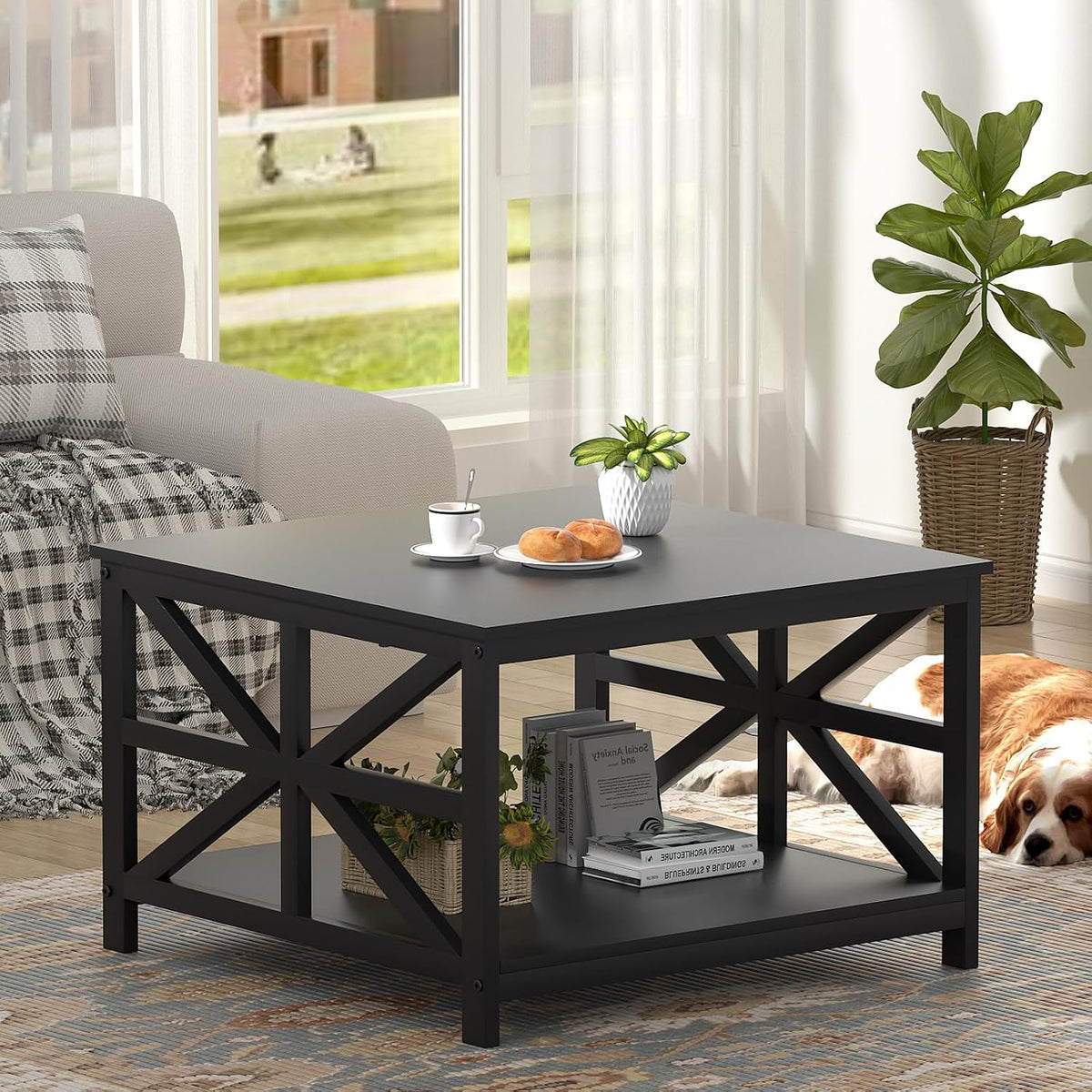 GreenForest 27.55 Inch Square Coffee Table with 2 Tier Storage