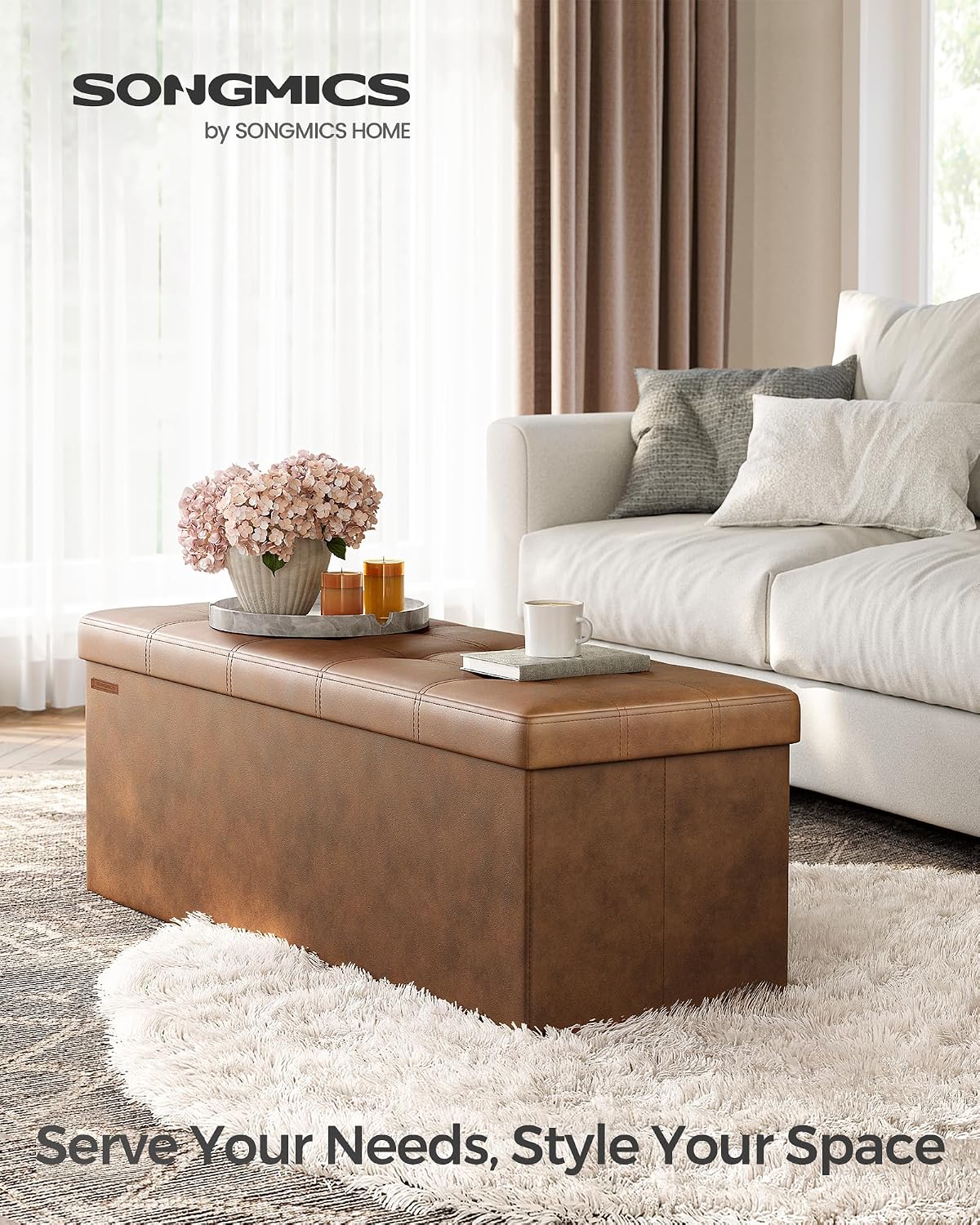 SONGMICS Storage Ottoman Bench, 43.3 Inches Folding Foot Rest Stool