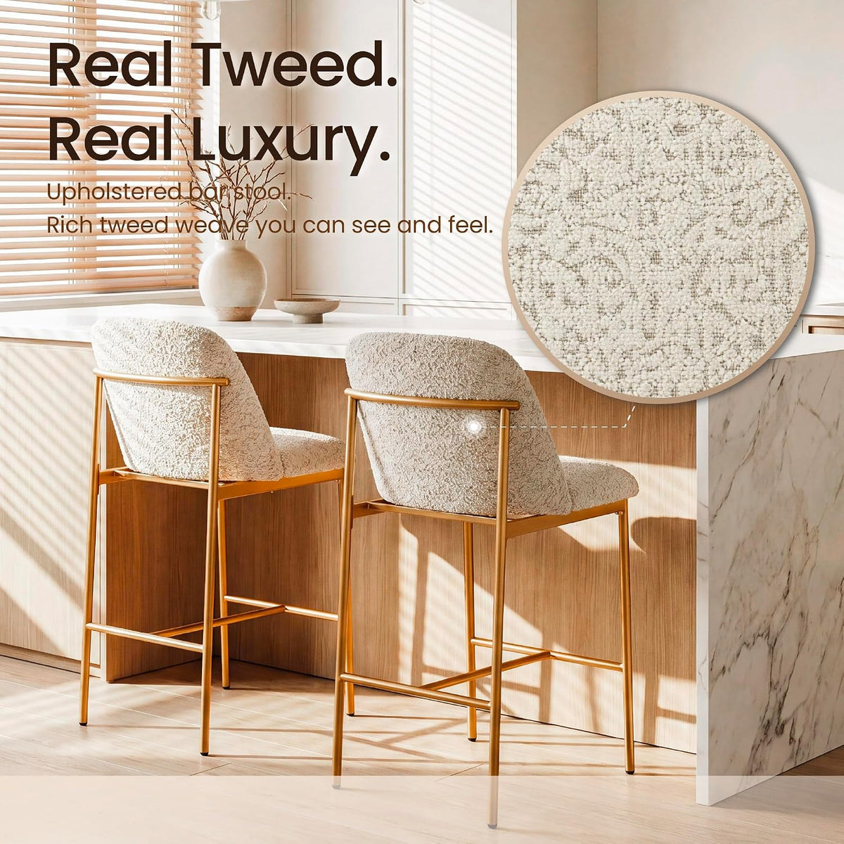 COLAMY Counter Height Bar Stools Set of 6, Modern Tweed Upholstered Kitchen Island Chairs with 3" Thick Cushion and Matte Gold Frame, Luxury 25 Inch Barstools with Back for Home Bar Dining Room, Beige