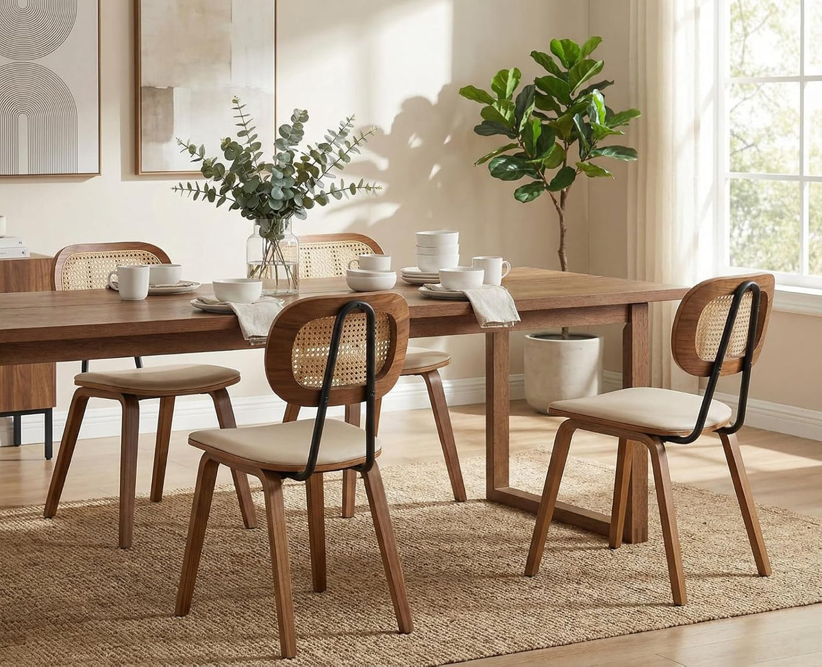 HEAH-YO Modern Dining Chairs Set of 2, Upholstered Faux Leather Dining Room Chairs with Rattan Backrests and Wood Legs, Armless Kitchen Chairs for Dining Room, Beige
