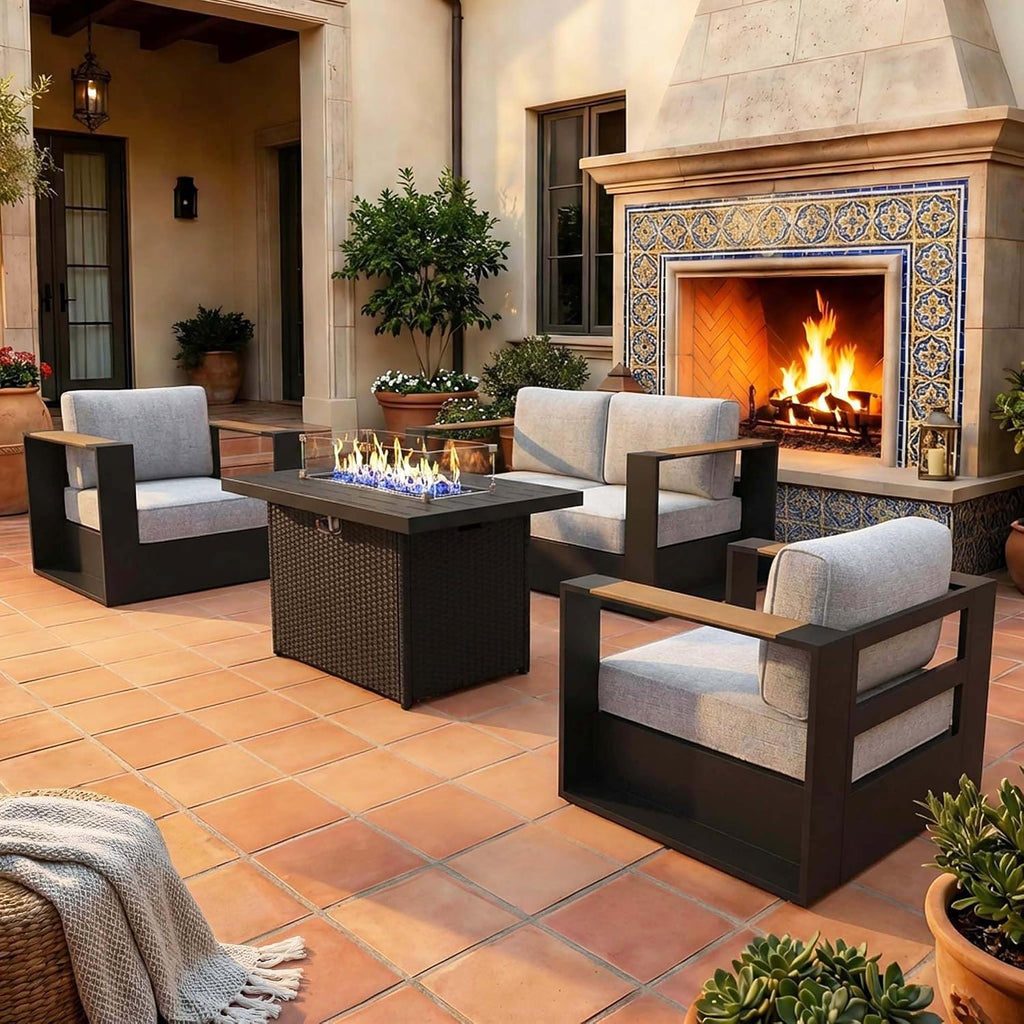 LayinSun 4 Pieces Aluminum Patio Furniture Set with Fire Pit Table