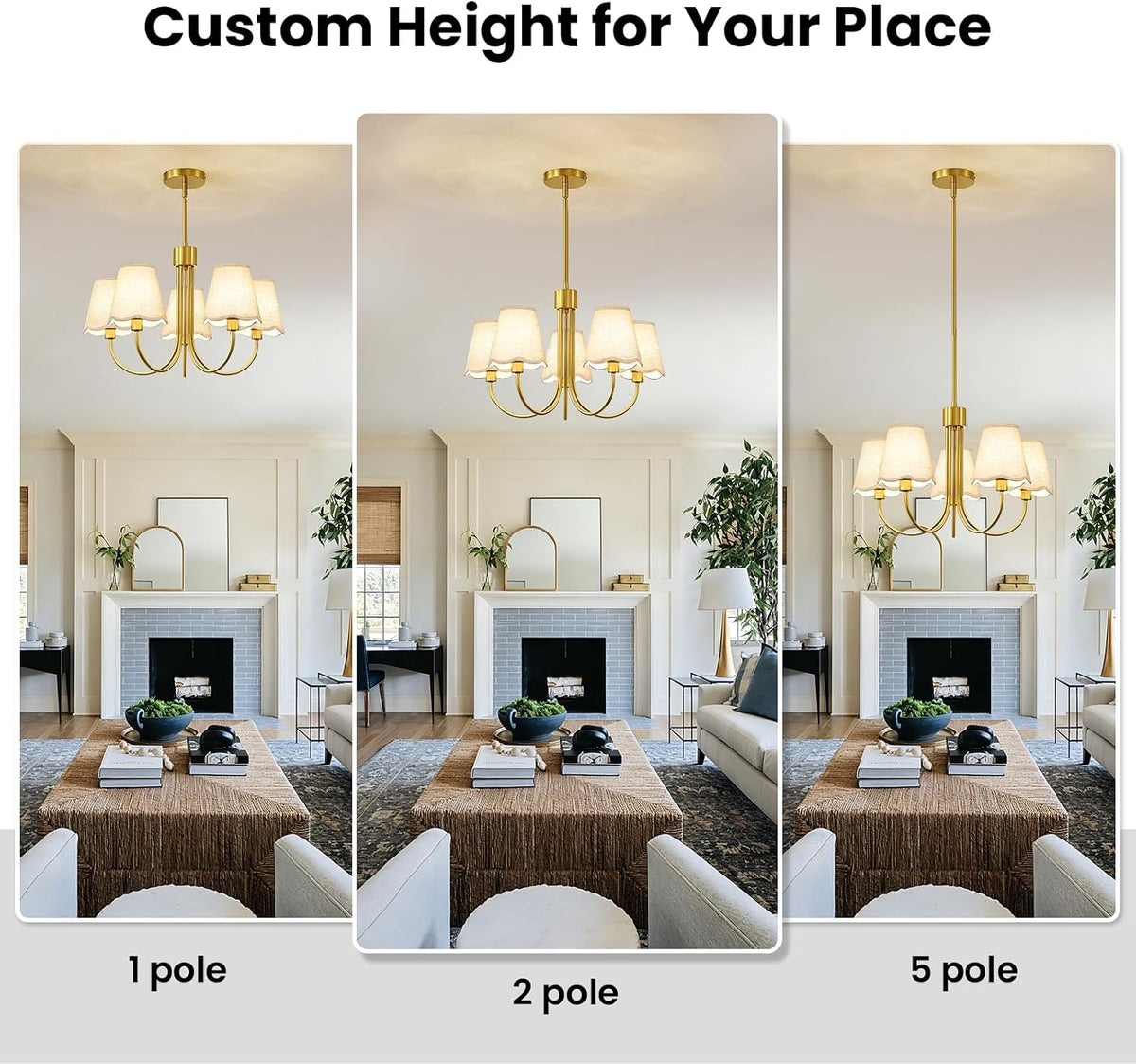 Modern Gold Chandelier 5-Light Dining Room Chandelier with Fabric Shades Kitchen Dining Room Light Fixture Over Table Height Adjustable Farmhouse Chandeliers for Living Room Bedroom Entryway