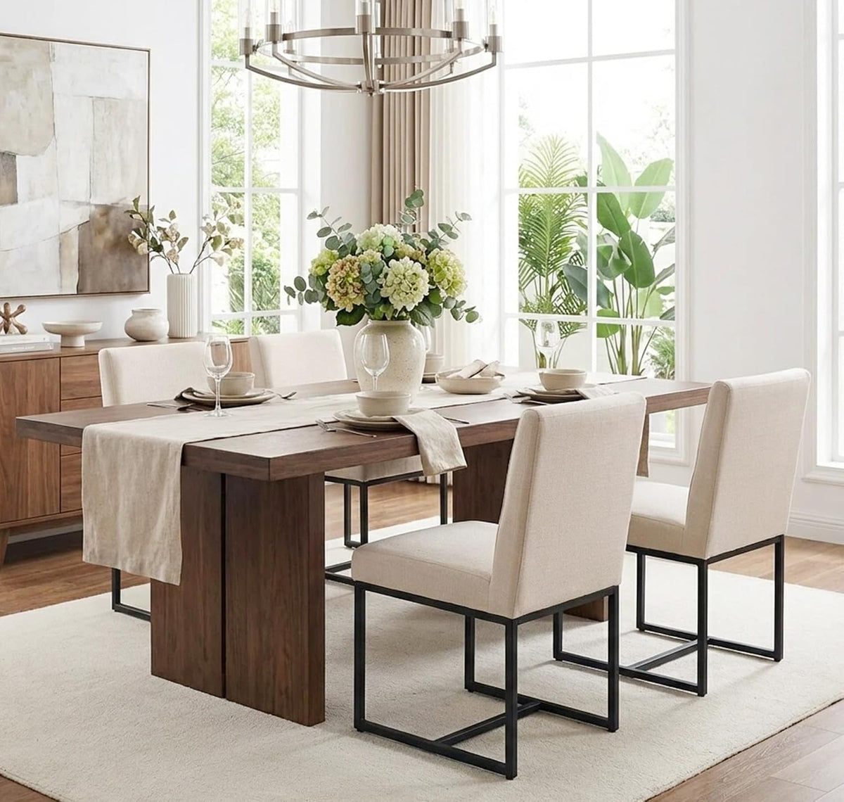 Shunzhi Upholstered Modern Dining Chairs Set of 6 Linen Mid Century Dining Room Chairs Armless Side Chair Comfy Kitchen Chairs with Black Metal Base for Living Room/Kitchen,Cream,6PCS