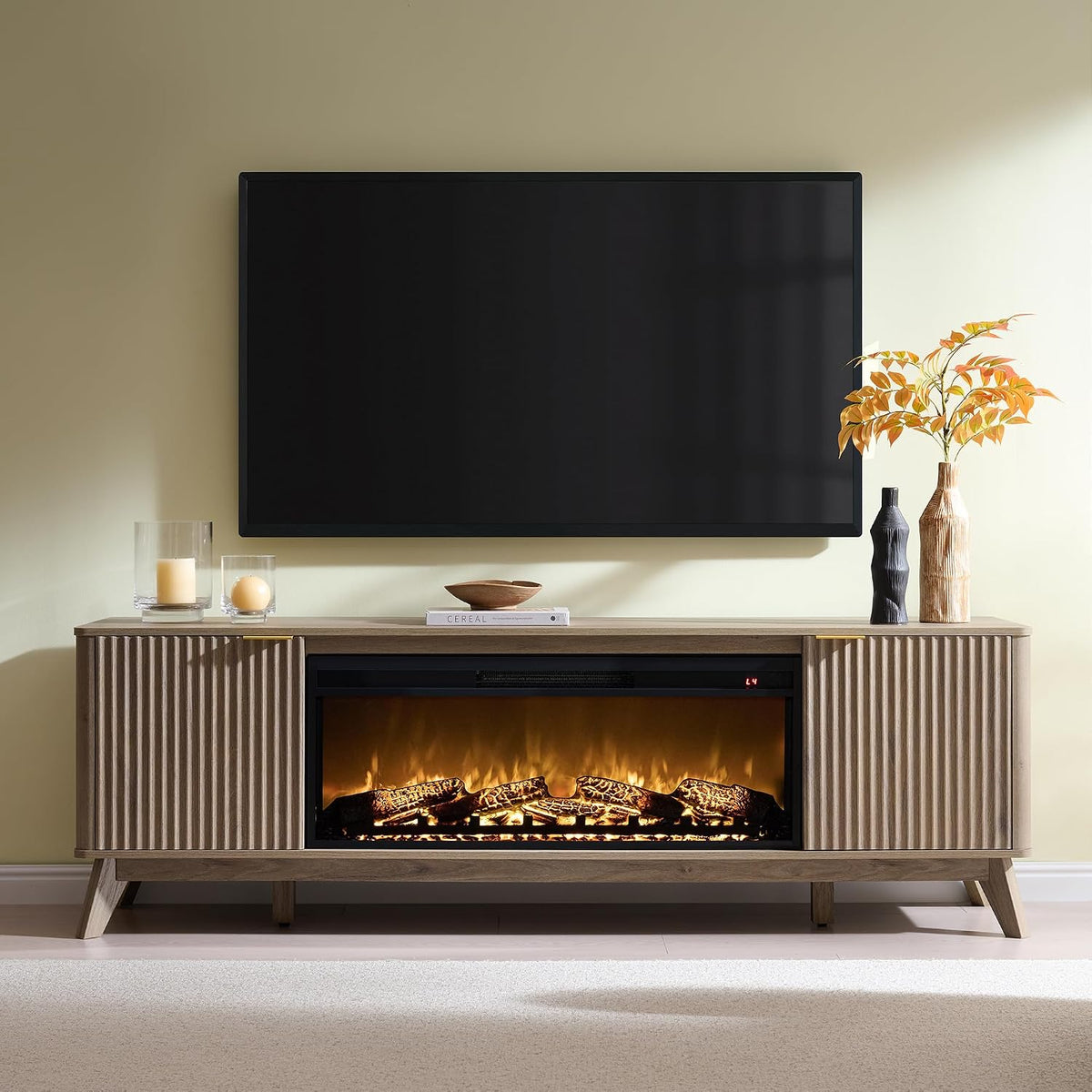 OKD 70" Fluted Fireplace TV Stand with 36" Electric Fireplace, Alder Grey